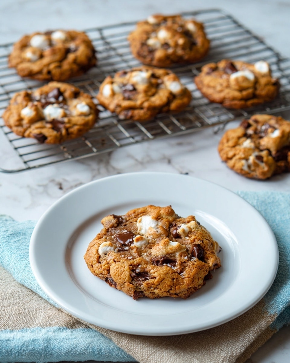 A close-up of a warm chocolate chip cookie resting on a silver wire cooling rack, showing a golden-brown textured surface with melted and slightly firm chocolate chips deeply embedded, creating small puddles of shiny chocolate. The cookie is thick with uneven edges and a slightly crisp but soft look, sitting above a white marbled surface with a pale blue cloth edge visible underneath the rack. Photo taken with an iphone --ar 4:5 --v 7