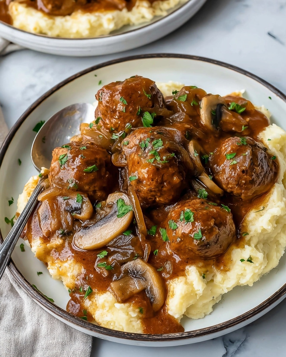The image shows a close-up of a fork holding a meatball topped with a slice of mushroom, all covered in thick brown sauce with small green herb pieces. Below, there is a layer of mashed potatoes with a creamy texture that serves as a base for many similar meatballs in sauce. The plate holding this dish is white and the background is a white marbled texture. photo taken with an iphone --ar 4:5 --v 7