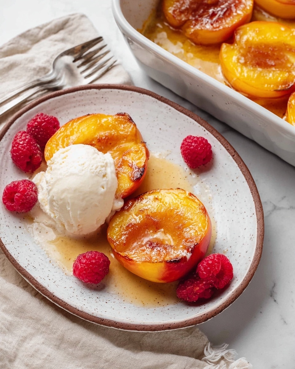 A white speckled plate holds three golden grilled peach halves arranged in a triangular shape, each with a soft, slightly charred texture and a warm orange-yellow color. In the center, a generous scoop of white whipped cream sits on top of the peaches, contrasting with their rich tones. Fresh red raspberries are placed around the peaches, adding a pop of bright red color. A silver fork rests on the right side of the plate. The plate is set on a soft beige cloth over a white marbled surface. To the left, a white baking dish shows more grilled peach halves in a light brown syrup. Two whole peaches sit on the top right corner of the image. photo taken with an iphone --ar 4:5 --v 7