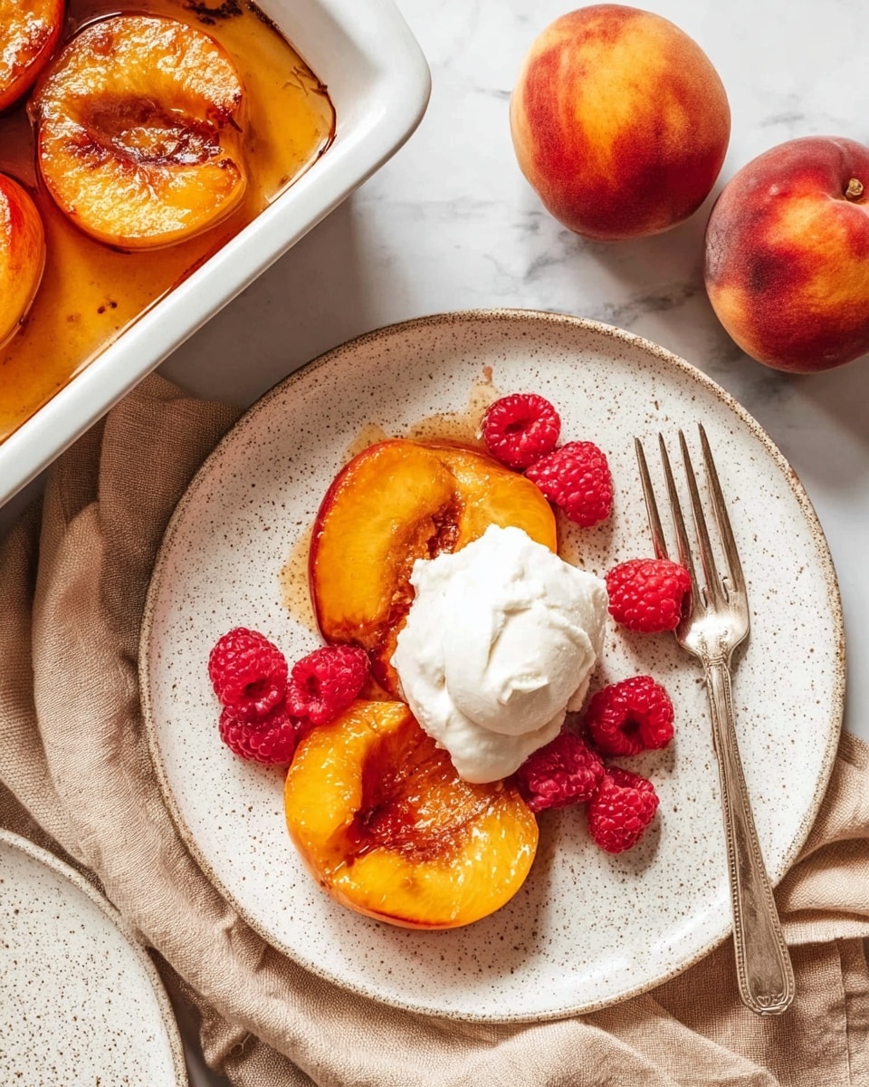 The image shows a white speckled plate on a white marbled surface with three golden-brown cooked peach halves arranged in a small stack. On top of the peaches, there is a dollop of creamy white ice cream with peach pieces mixed in. To the side of the plate lies a silver fork resting on a beige cloth. In the background, two fresh peaches are placed on the beige cloth next to a white dish of more cooked peach halves. The photo taken with an iphone --ar 4:5 --v 7