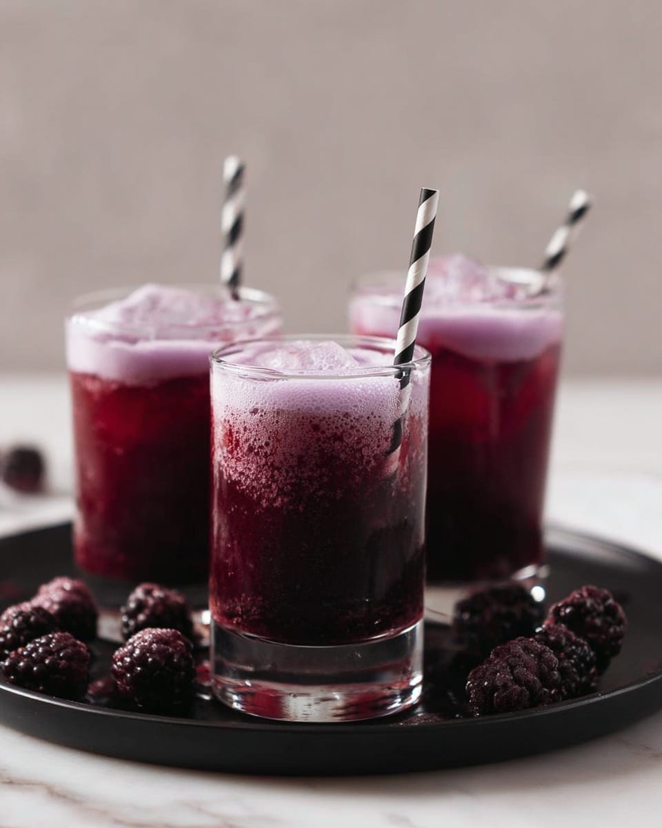 Three clear glasses filled with dark red-purple berry smoothie sit on a white marbled surface. Each glass has a black and white striped straw, and the smoothies show some bubbles and small pieces of fruit inside. The glasses are placed on layered black and white patterned napkins, which rest on a round black tray. Around the tray and on the surface, there are scattered fresh dark red and black berries. The photo is taken with an iphone --ar 4:5 --v 7