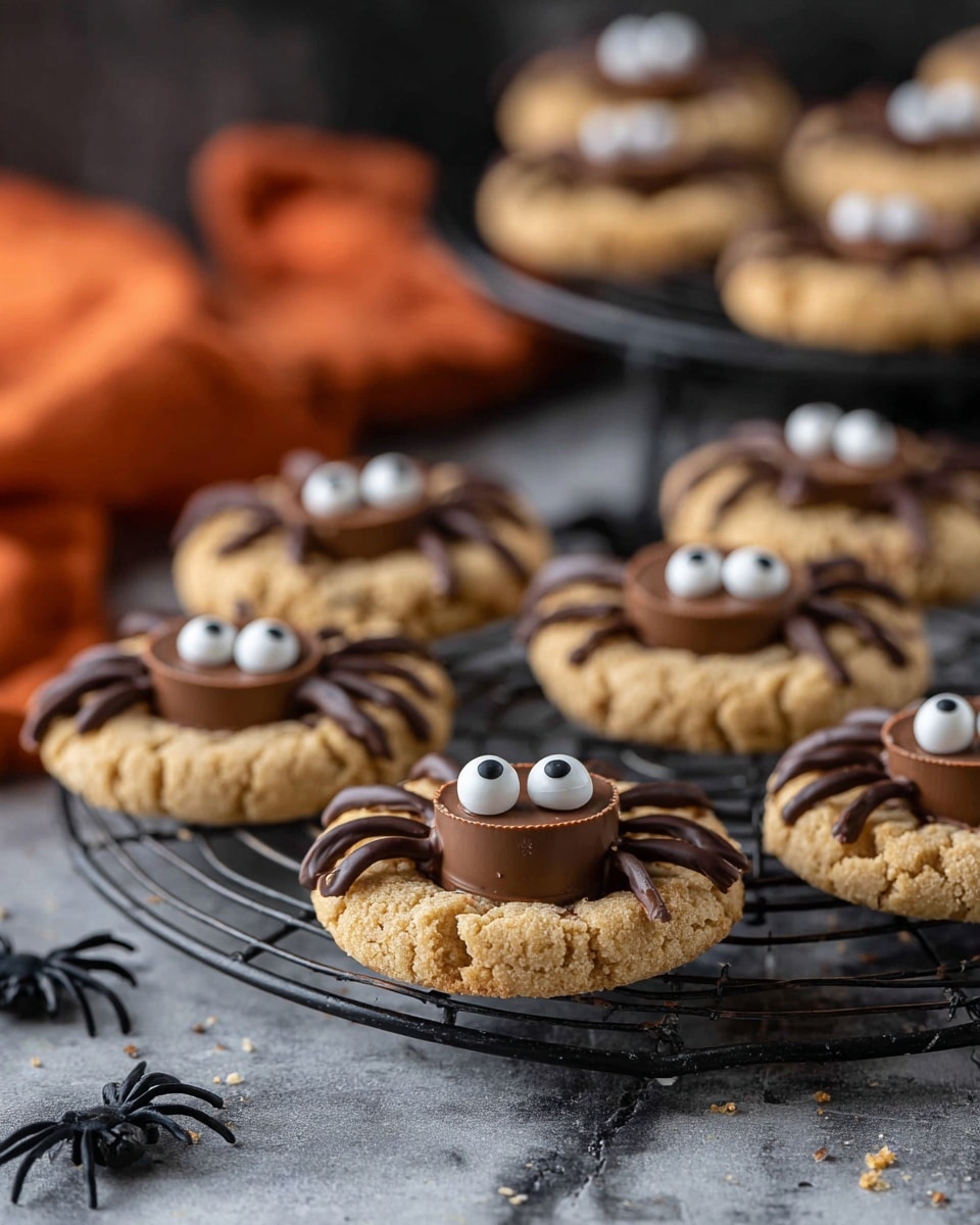 The image shows a group of round cookies on a black cooling rack, each cookie has three layers: the base is a light brown sugar cookie with a crumbly texture, the middle layer has eight dark brown chocolate lines radiating outward to look like spider legs, and the top layer is a small, round, smooth brown chocolate cup placed in the center, with two large white candy eyes attached just below the chocolate cup. The scene has a dark surface with some small plastic black spiders scattered around, and in the background, more cookies are visible on another black cooling rack with an orange cloth nearby. The background texture is a white marbled surface. Photo taken with an iphone --ar 4:5 --v 7