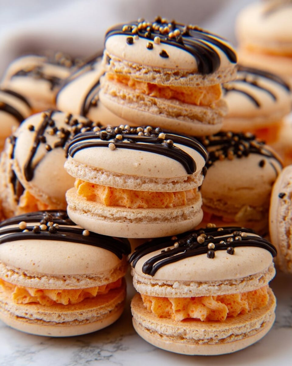 The image shows several macarons with a light beige outer shell arranged on a transparent pink plate, which is set on a white marbled surface. Each macaron has two smooth shells sandwiching a layer of bright orange filling that is piped with a slightly ruffled texture. The tops of the macarons are decorated with thin black lines of icing and small round sprinkles in black, white, and orange colors. The macarons are close together, with one in the front center in clear focus while others are softly blurred behind it. Photo taken with an iphone --ar 4:5 --v 7