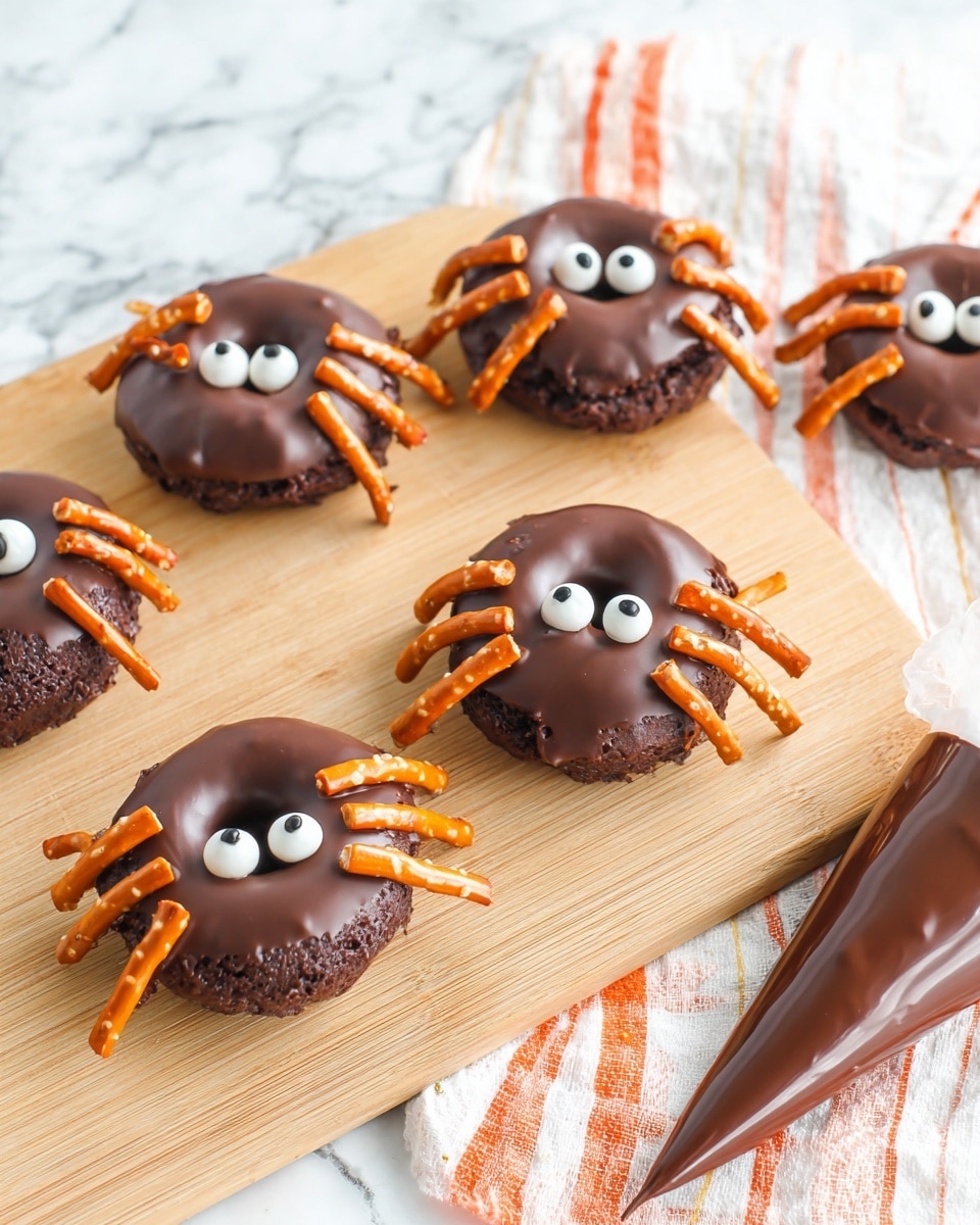 The image shows five small chocolate donuts designed like spiders on a light wooden board with a white marbled surface underneath. Each donut is dark brown and has six small, orange pretzel stick legs evenly spread on both sides. Two round white candy eyes with black centers are placed on the top front of each donut. To the right side of the board, there is a shiny chocolate-filled piping bag lying on a white cloth with orange stripes. photo taken with an iphone --ar 4:5 --v 7