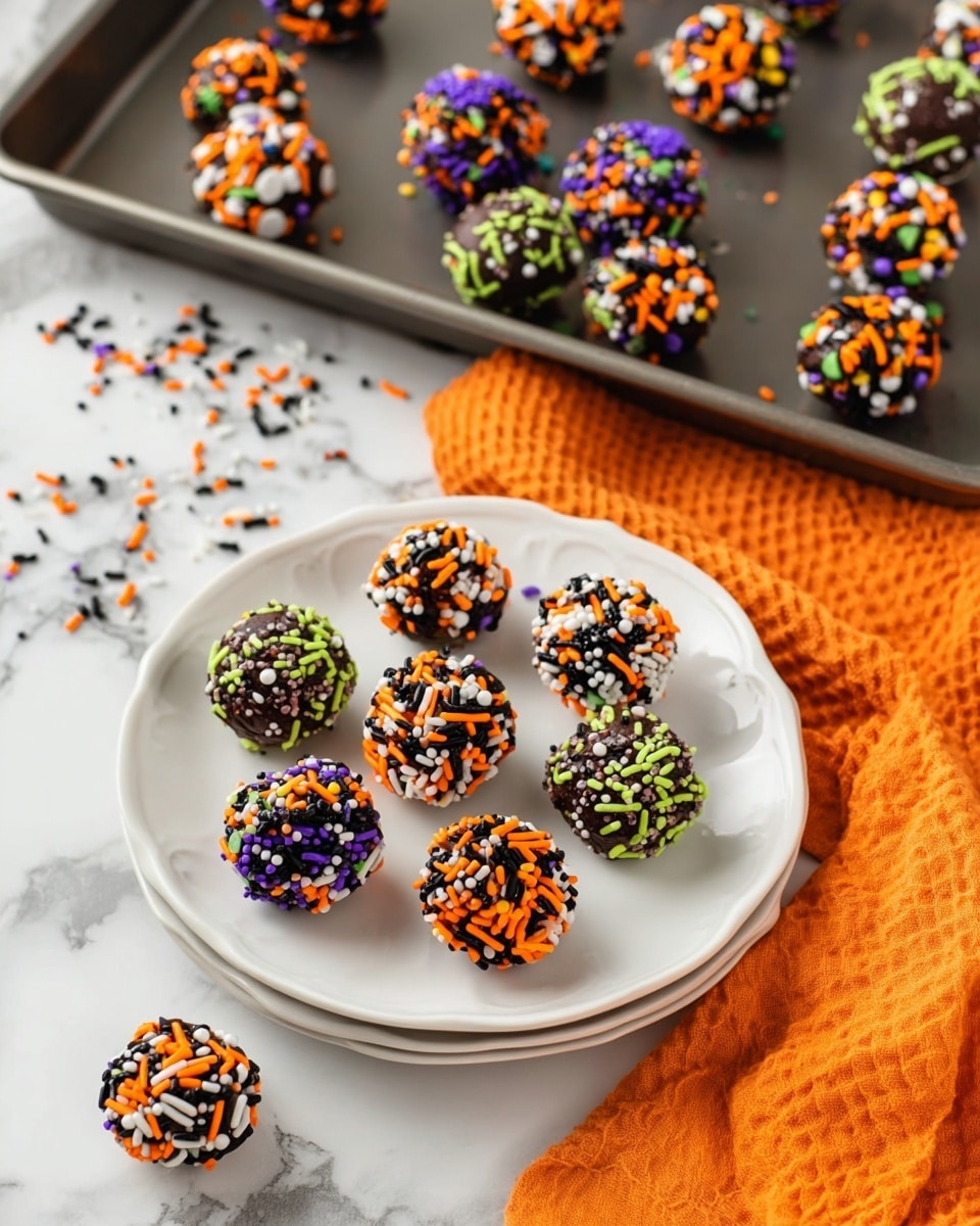 The image shows round dark chocolate balls covered in colorful sprinkles placed on a white plate and a baking tray. On the white plate, there are nine balls, each decorated with either orange and black sprinkles or green, purple, and orange sprinkles, mixed with some white sprinkles, showing a bright and festive look. The baking tray behind the plate holds more of these chocolate balls, spaced out evenly, all covered with similar vibrant, Halloween-themed sprinkles in orange, black, purple, green, and white colors. The background has a white marbled texture with scattered sprinkles and an orange cloth partially under the tray, adding to the lively scene. Photo taken with an iphone --ar 4:5 --v 7