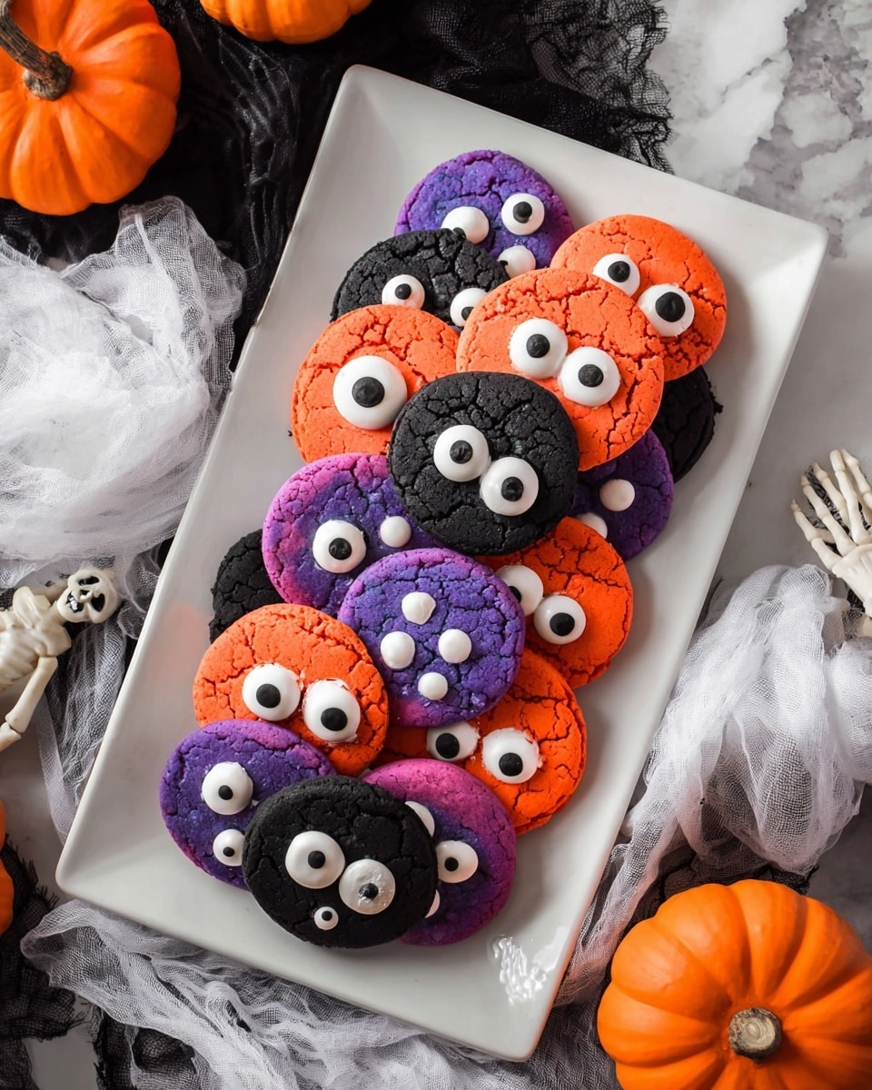 The image shows a white rectangular plate filled with colorful round cookies shaped like eyes, arranged in overlapping layers. There are three main colors: bright orange, deep black, and vivid purple, each cookie having white candy eyes with black pupils placed unevenly across their cracked surfaces. The plate has small skull designs visible underneath the cookies. Around the plate, there are decorative elements including small bright orange pumpkins, white fabric resembling gauze, and a white skeleton hand on a white marbled surface. Photo taken with an iphone --ar 4:5 --v 7