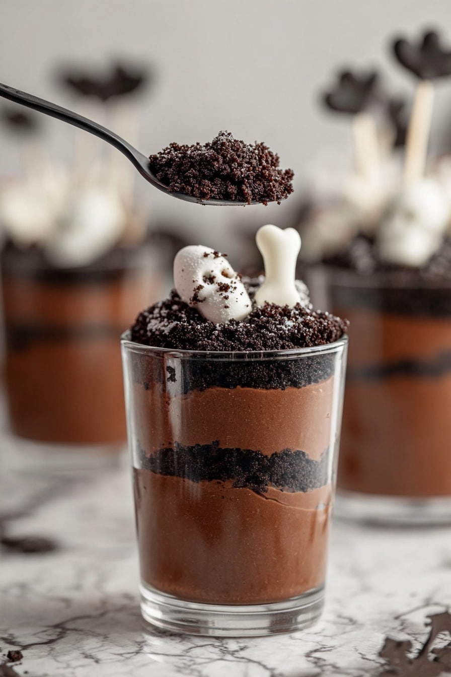 Halloween Graveyard Pudding Cups, Halloween dessert ideas, spooky Halloween treats, easy Halloween desserts, kid-friendly Halloween recipes - The dessert is in a clear glass with four layers starting with dark chocolate mousse at the bottom, followed by a layer of crushed chocolate cookie crumbs in dark brown, then another layer of chocolate mousse, and finally more crushed cookie crumbs on top. On the surface, there is a round white ghost-shaped candy with black eyes and mouth, a light beige cookie shaped like a gravestone with