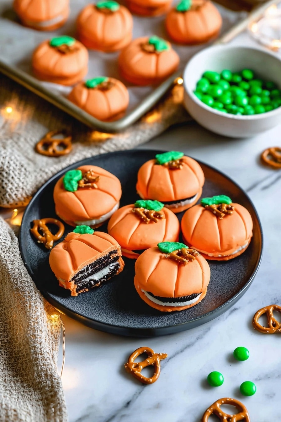 Halloween Pumpkin Cookies, festive pumpkin cookies, easy Halloween desserts, no-bake Halloween treats, pumpkin-themed party desserts - The image shows a group of small pumpkin-shaped treats made by dipping sandwich cookies in smooth orange coating. Each treat has a small brown pretzel piece as a pumpkin stem on top and two green candy pieces as leaves. The pumpkin cookies are arranged on a used baking tray with a few regular sandwich cookies nearby, some with white filling visible. To the right, several pumpkin cookies are placed on a white marbled surface next to a dark grey plate holding more pumpkins. A white bowl containing a few pretzels and green candies sits on the upper left of the tray. The bottom left corner has a textured beige and white cloth. Soft warm string lights add a cozy feel. Photo taken with an iphone --ar 2:3 --v 7