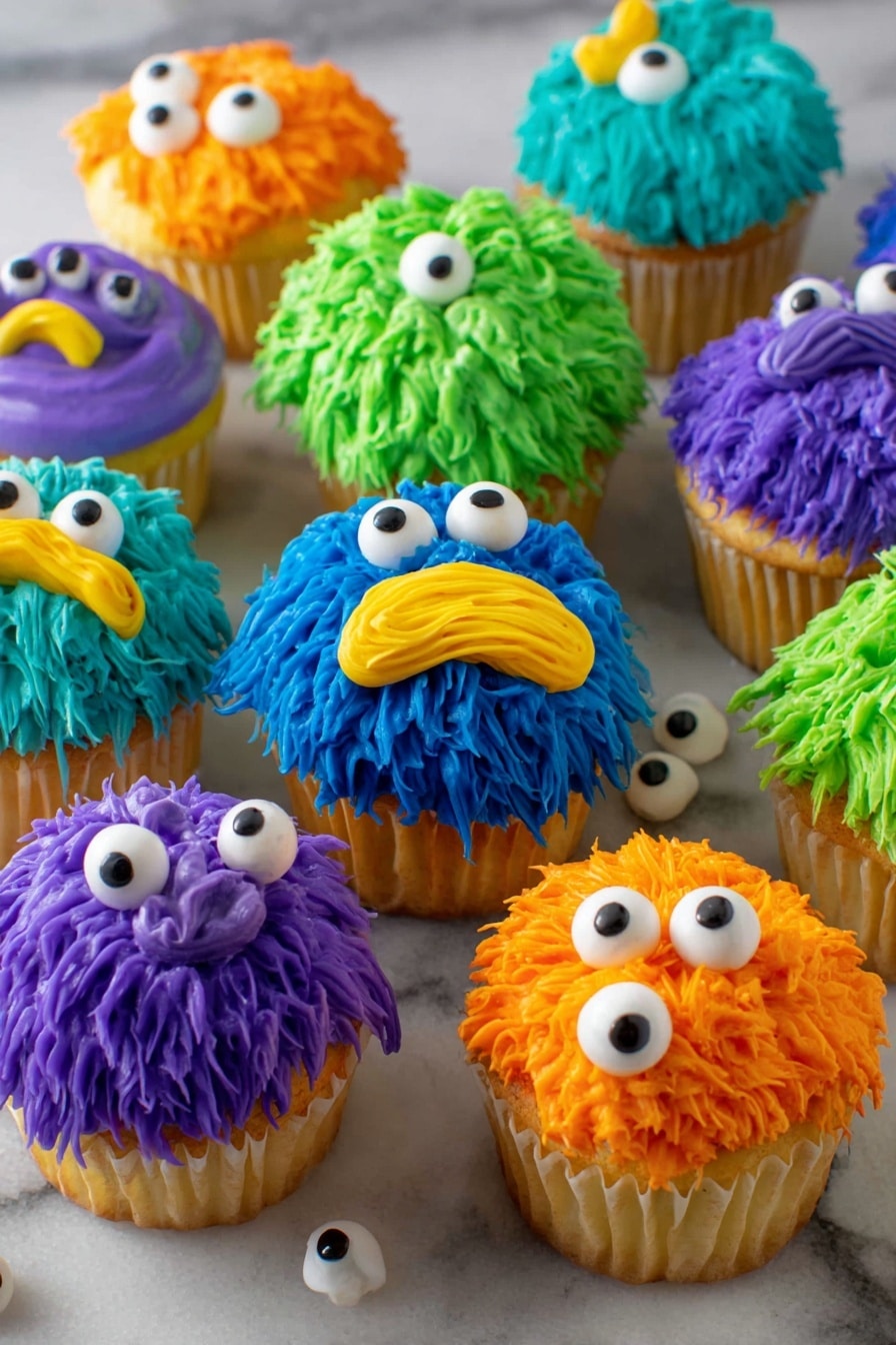 Monster Cupcakes, colorful cupcake ideas, fun Halloween desserts, playful cupcake decorating, easy monster cupcakes - A group of colorful cupcakes are shown on a white marbled surface. Each cupcake has one main yellow cake layer topped with a thick layer of piped frosting designed to look like funny monsters. The frosting colors include bright purple, blue, green, and orange. The frosting is piped in long wavy clumps that create a fuzzy, textured look. Each cupcake has two small white candy eyes on top, with different yellow frosting shapes below the eyes to form mouths or noses, making each cupcake look like a silly monster face. Several white candy eyes are scattered on the surface around the cupcakes. Photo taken with an iphone --ar 2:3 --v 7