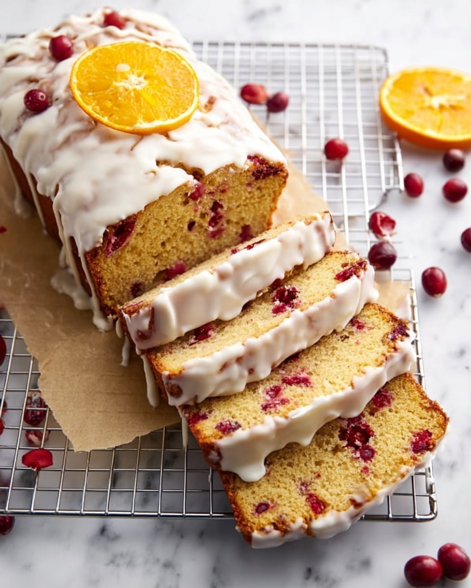 The image shows a loaf of cake with white icing drizzled on top, sliced into five pieces. The cake has a light golden brown crust with a soft, yellow inside filled with scattered red berries. The slices are arranged in a neat row on a metal cooling rack, with the whole loaf at the front. Around the rack, there are loose red berries and a halved orange on a white marbled surface, along with a piece of light brown parchment paper under the rack. The lighting is bright, making the cake look fresh and moist photo taken with an iphone --ar 4:5 --v 7