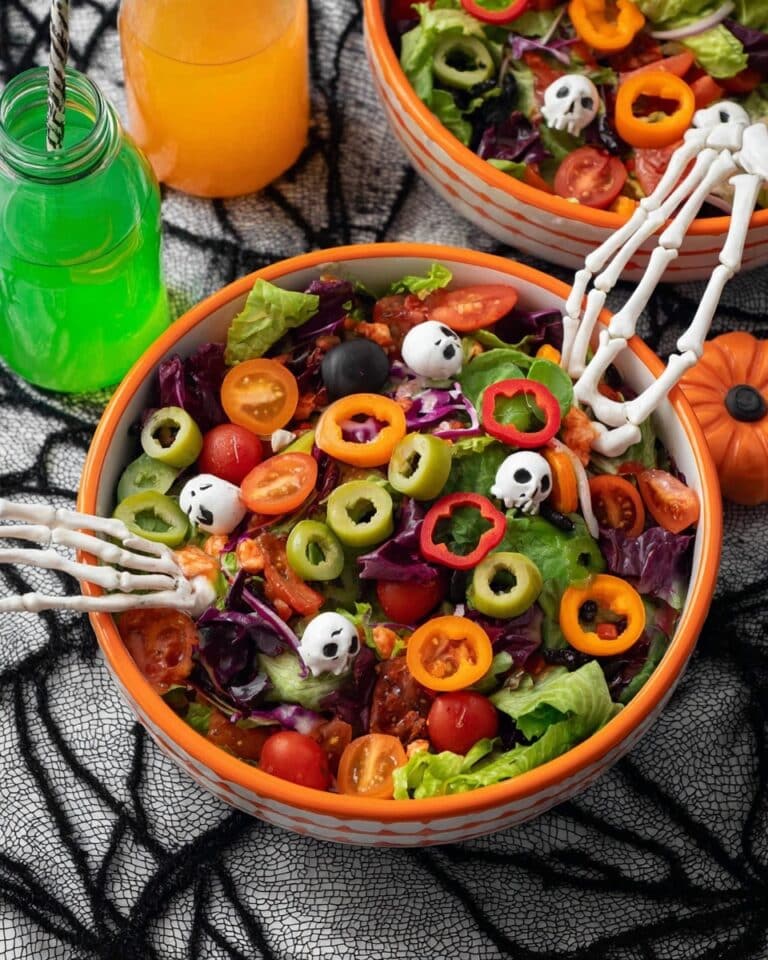 Spooky Halloween Pasta Salad with Colorful Tortellini and Cheese Skulls Recipe