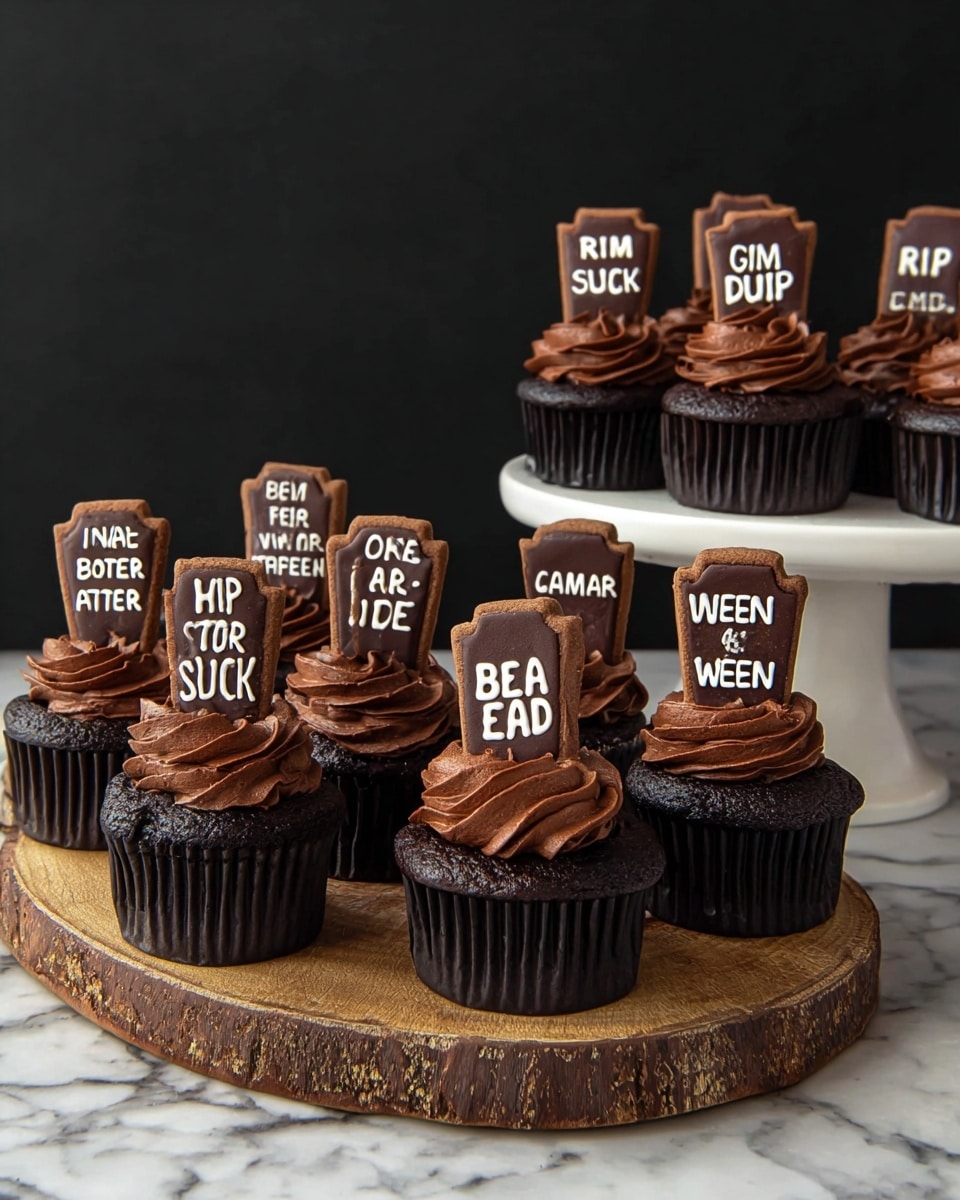 Seven chocolate cupcakes are arranged on a round wooden board with bark edges, placed on a white marbled surface. Each cupcake has three layers: a dark brown chocolate base, a thick swirl of smooth, medium-dark chocolate frosting on top, and a rectangular chocolate cookie standing upright in the center. The cookies have white icing words written on them such as