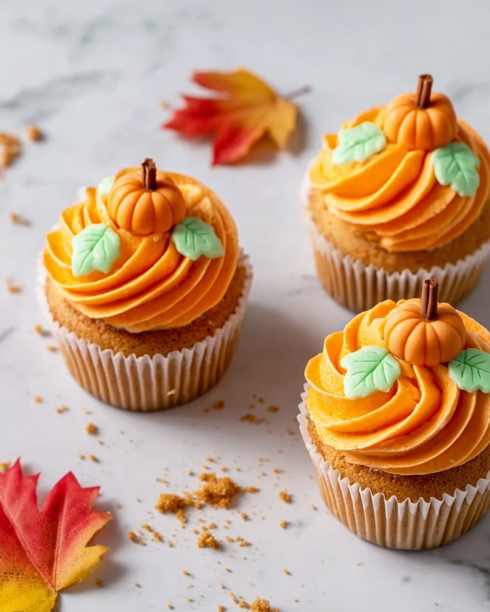 The image shows four cupcakes on a round, rustic wooden cake stand with a gray cloth, cinnamon sticks, and star anise. Each cupcake has three layers: the bottom is a moist orange cake, the middle is a bright orange creamy filling, and the top is light orange swirled frosting with a matte texture. Two cupcakes have small orange pumpkin-shaped decorations on top, and two have black spider decorations. The cupcake in front has a bite taken out, showing the creamy inner layer. The background is dark brown, and the surface has a white marbled texture. Photo taken with an iphone --ar 4:5 --v 7