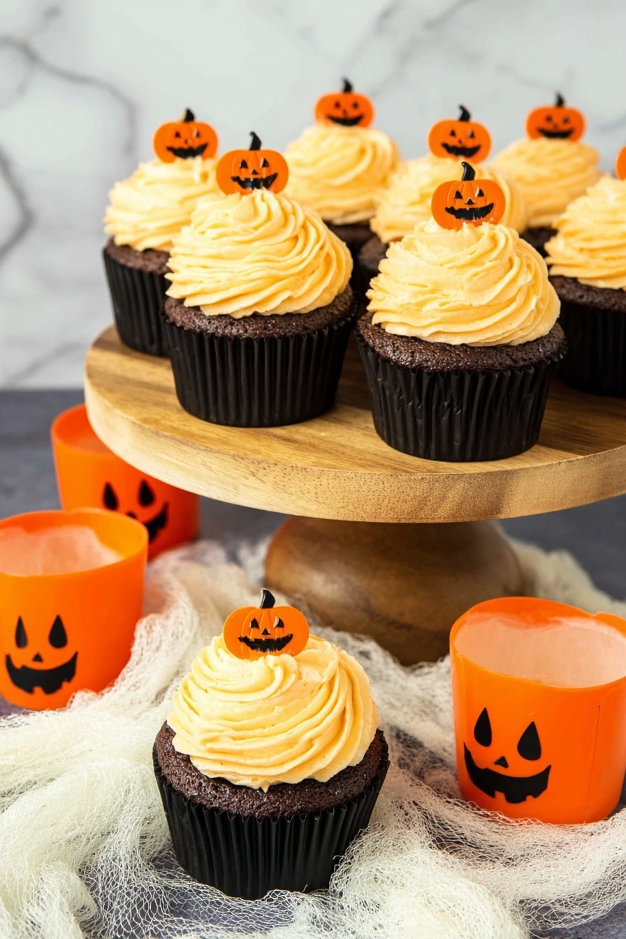 Jack-O-Lantern Halloween Pumpkin Cupcakes with Salted Caramel and Pumpkin Buttercream, Halloween pumpkin cupcakes, salted caramel pumpkin cupcakes, fall themed Halloween treats, festive pumpkin dessert ideas - The image shows six cupcakes, each with one dark brown cupcake base in a black wrapper, topped with a thick swirl of light orange frosting in a spiral pattern. Each cupcake has a small orange pumpkin decoration with a carved face on top of the frosting. Five cupcakes are on a small wooden cake stand with a smooth texture, and two cupcakes sit below on a white marbled surface that has a wispy white fabric nearby. There are two orange plastic pumpkin containers with jack-o-lantern faces beside the cupcakes. The photo taken with an iphone --ar 2:3 --v 7
