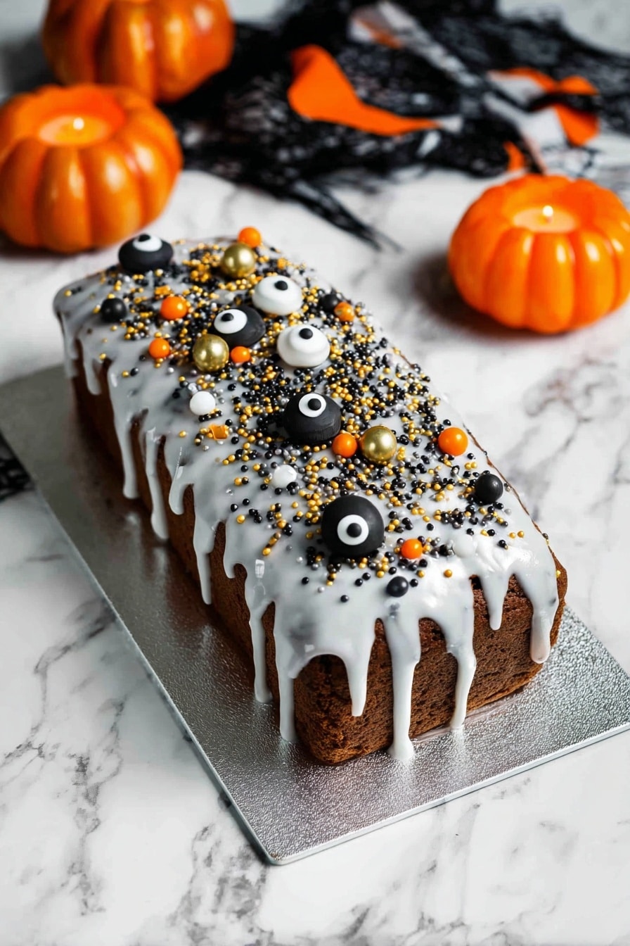 Orange and Black Halloween Marble Cake, Halloween marble cake, spooky marble cake recipe, Halloween dessert ideas, festive Halloween cake - A rectangular chocolate cake sits on a silver board on a white marbled surface, covered with a thick layer of white icing that drips down the sides unevenly. The top is decorated with small round sprinkles in black, orange, and gold colors scattered all over, along with larger black, gold, and white candy balls, some resembling eyes with black dots in the center. In the background, there are two small orange pumpkin-shaped candle holders and a piece of black and orange fabric lies nearby, adding a Halloween theme to the image. The photo taken with an iphone --ar 2:3 --v 7