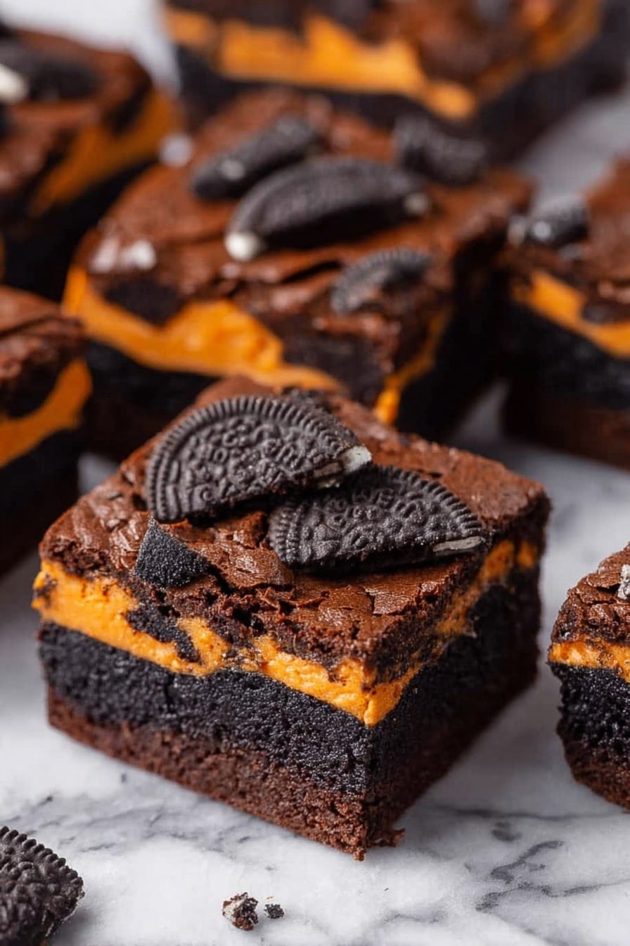 Halloween Oreo Stuffed Brownies, Oreo stuffed brownies, Halloween dessert recipes, fudgy brownie recipes, Halloween treats ideas - The image shows several square-shaped brownies with three visible layers. The bottom and top layers are dark brown, soft, and textured like rich chocolate brownie. In between, there is a bright orange layer matching the color of the filling of orange cream cookies. The top layer is decorated with broken pieces of black and orange sandwich cookies, scattered unevenly across the surface. The brownies are arranged closely on a white marbled texture. The focus is sharp on the center brownies, showing glossy texture and small cracks on the top layer. Photo taken with an iphone --ar 2:3 --v 7