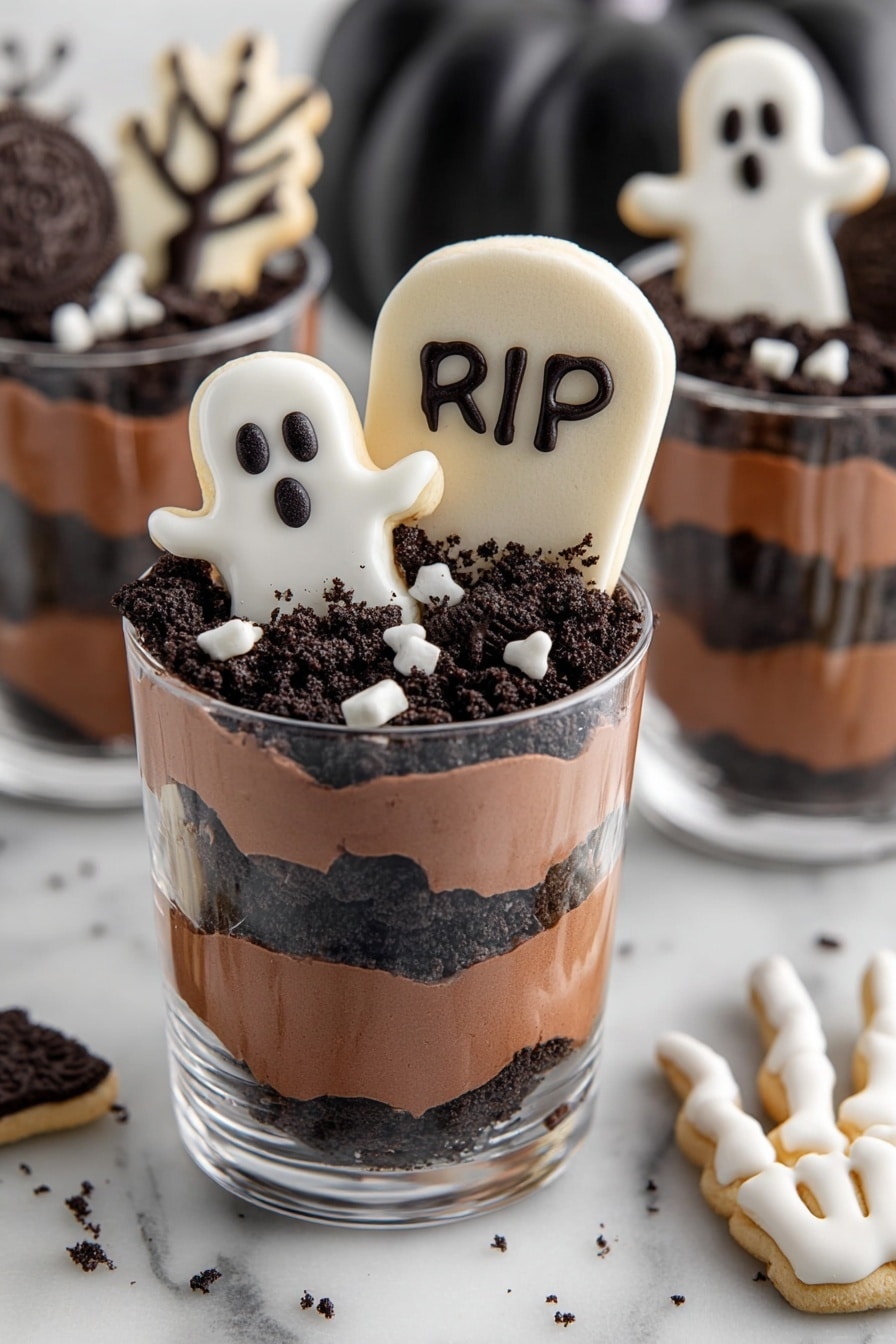 Halloween Graveyard Pudding Cups, Halloween dessert ideas, spooky Halloween treats, easy Halloween desserts, kid-friendly Halloween recipes - The image shows a small clear glass with three main layers, placed on a white marbled texture. The bottom layer is thick and dark brown chocolate pudding. The middle layer is a darker, crumbly chocolate soil. The top has a small pile of crumbly chocolate with two small white candy decorations shaped like a skull and a bone. A black plastic spoon holds a scoop from the top, showing the textures close up. In the background, there are more glasses with similar layers and white chocolate shapes on sticks. Photo taken with an iphone --ar 2:3 --v 7