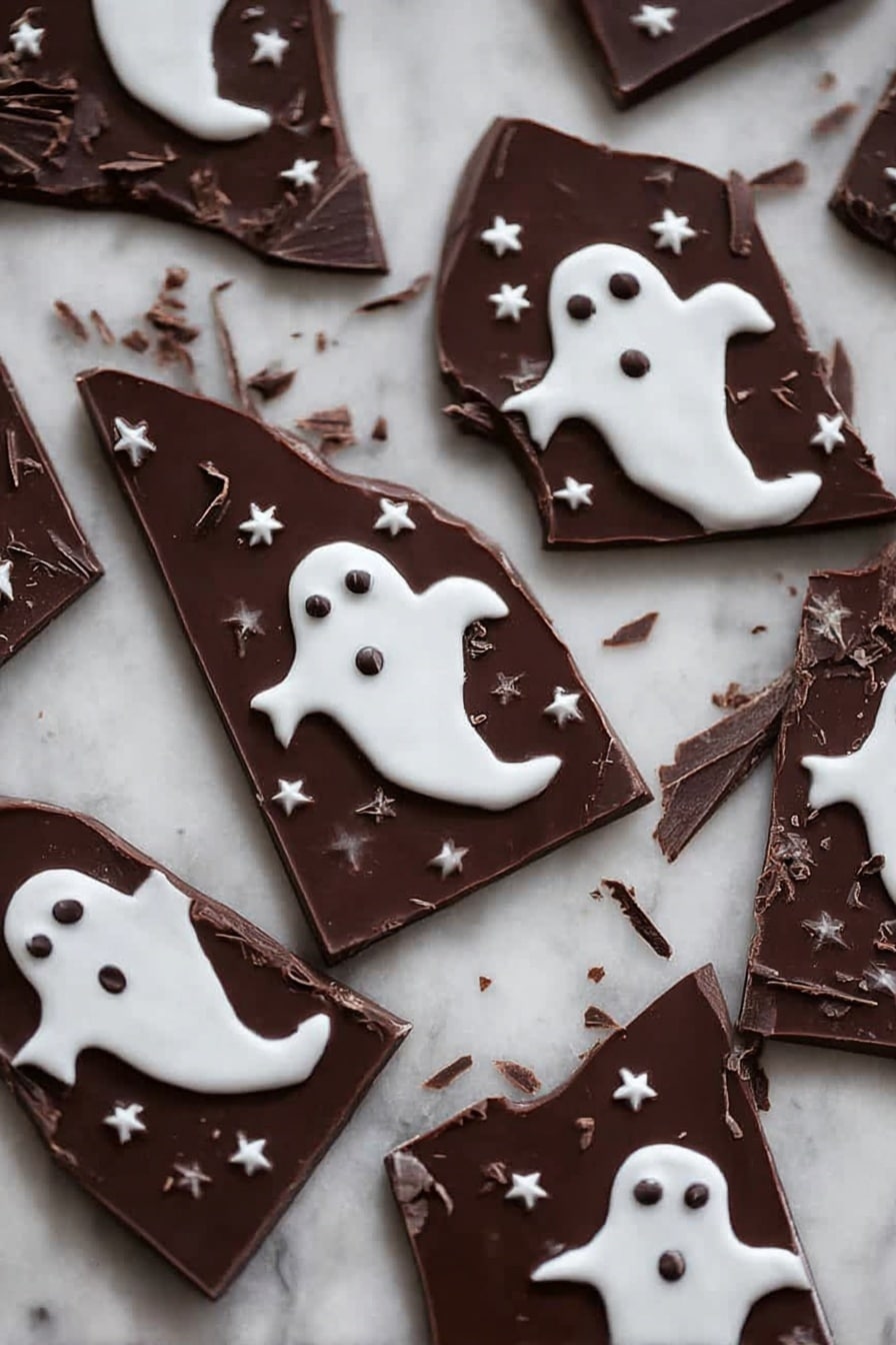 Halloween 3-Ingredient Ghost Bark, easy Halloween treats, Quick Halloween dessert, festive ghost bark, simple Halloween candy - Several pieces of dark brown chocolate bark are spread over a white marbled surface. Each piece has a smooth top layer decorated with small white ghost shapes with round eyes and mouths, giving a Halloween feel. Around the larger ghost shapes are tiny white star-like sprinkles that add texture and contrast to the dark chocolate base. The chocolate pieces are broken unevenly, showing sharp edges and some chocolate shavings. The overall look is simple but festive, with dark and white colors standing out clearly against the marbled background. photo taken with an iphone --ar 2:3 --v 7