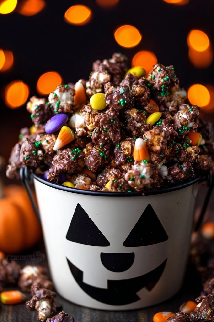 Halloween Popcorn with Chocolate, Candy Corn, M&Ms, and Marshmallows, Halloween Party Snacks, Festive Halloween Treats, Easy No-Bake Halloween Snacks, Colorful Halloween Popcorn - The image shows a pile of popcorn mixed with colorful candy pieces covered in a thick layer of chocolate. The popcorn is unevenly coated with chocolate, giving a rough texture, and is scattered with green and orange sprinkles. There are also candy pieces in purple, orange, and yellow, partially visible under the chocolate. All of this is inside a white bucket that has a black jack-o'-lantern face on it. The background is dark with blurry orange and yellow round lights, creating a cozy Halloween feel. photo taken with an iphone --ar 2:3 --v 7