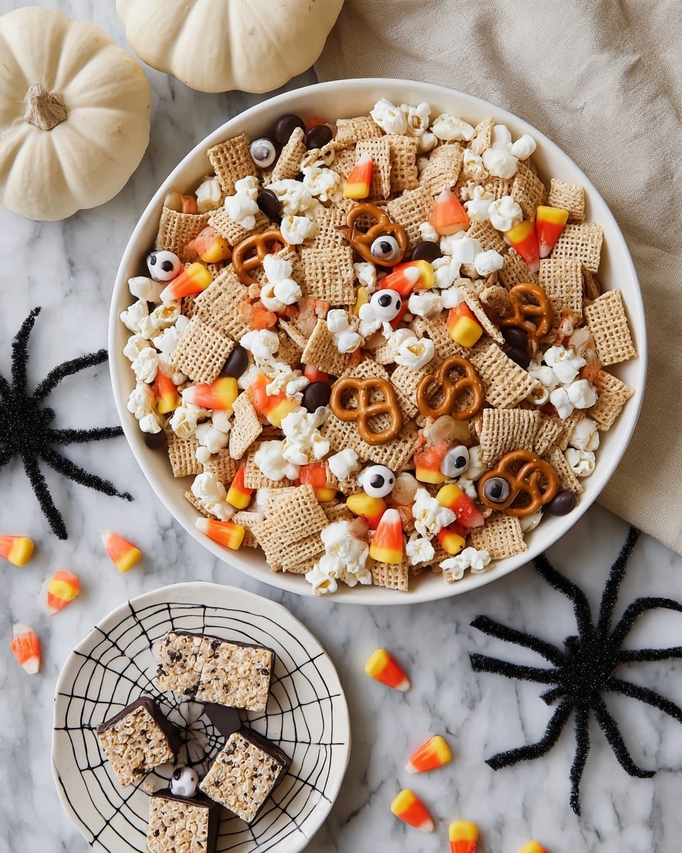 The image shows a large white round bowl filled with a mix of snacks. The base layer is made of light tan square cereal pieces, topped with small white popcorns, square pretzels, orange, black, and white round candies, and some candy corn with yellow, orange, and white colors. Next to the bowl, on a small white plate with black circular lines, are three rice cereal treats, two plain and one partly dipped in dark chocolate with white candy eyes. The bowl and plate are placed on a white marbled surface with a black spider web decoration nearby and a white pumpkin on a beige cloth in the corner. Photo taken with an iphone --ar 4:5 --v 7