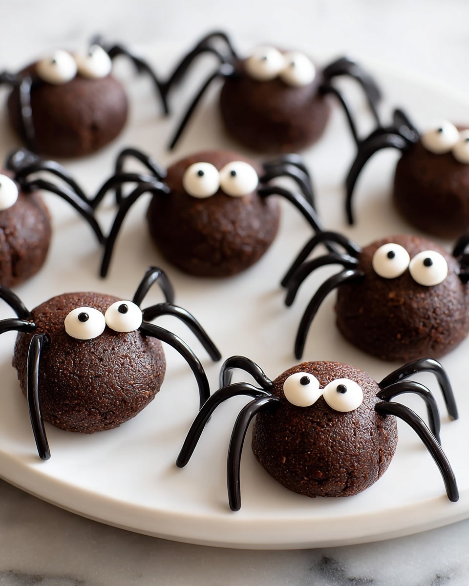 The image shows several round dark brown spider-shaped treats placed on a white plate and the white marbled surface next to it. Each treat has a smooth, round body made from a dense dark brown dough that looks slightly rough. There are eight thin, curved black licorice legs sticking out from each side of the round body, creating the spider shape. On top of each body, there are two white candy eyes with small black dots in the middle, giving the spiders a playful look. The background is a white marbled texture, making the dark spiders stand out clearly. photo taken with an iphone --ar 4:5 --v 7