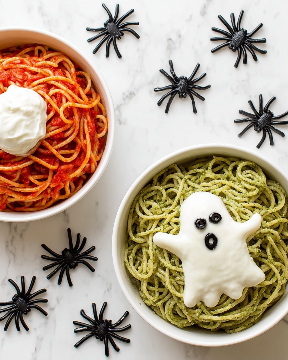 Two bowls of spaghetti sit on a white marbled surface. The bowl on the right is white and filled with green pesto spaghetti, topped with a white cream shaped like a ghost with two small black olive pieces for eyes and one round black olive slice for the mouth. The bowl on the left is white and holds red tomato spaghetti with a dollop of white cream on top. Around the bowls are several small black plastic spiders placed on the white marbled surface. Photo taken with an iphone --ar 4:5 --v 7