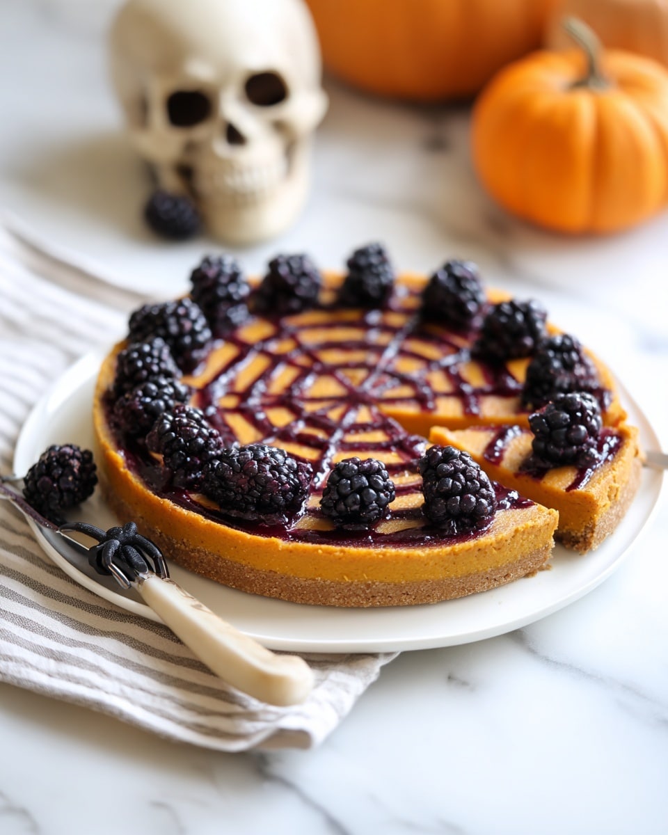 A round pie with two visible layers is shown on a white and gray striped cloth over a white marbled surface. The bottom layer is light brown and crumbly, while the top layer is smooth and bright orange with a creamy texture. The top is decorated with dark purple swirled lines and whole blackberries placed evenly around the pie and on top. One slice is being lifted by a small metal spatula with a wooden handle, showing the even thickness of both layers. In the background, there is a white human skull prop and an orange pumpkin slightly out of focus. photo taken with an iphone --ar 4:5 --v 7
