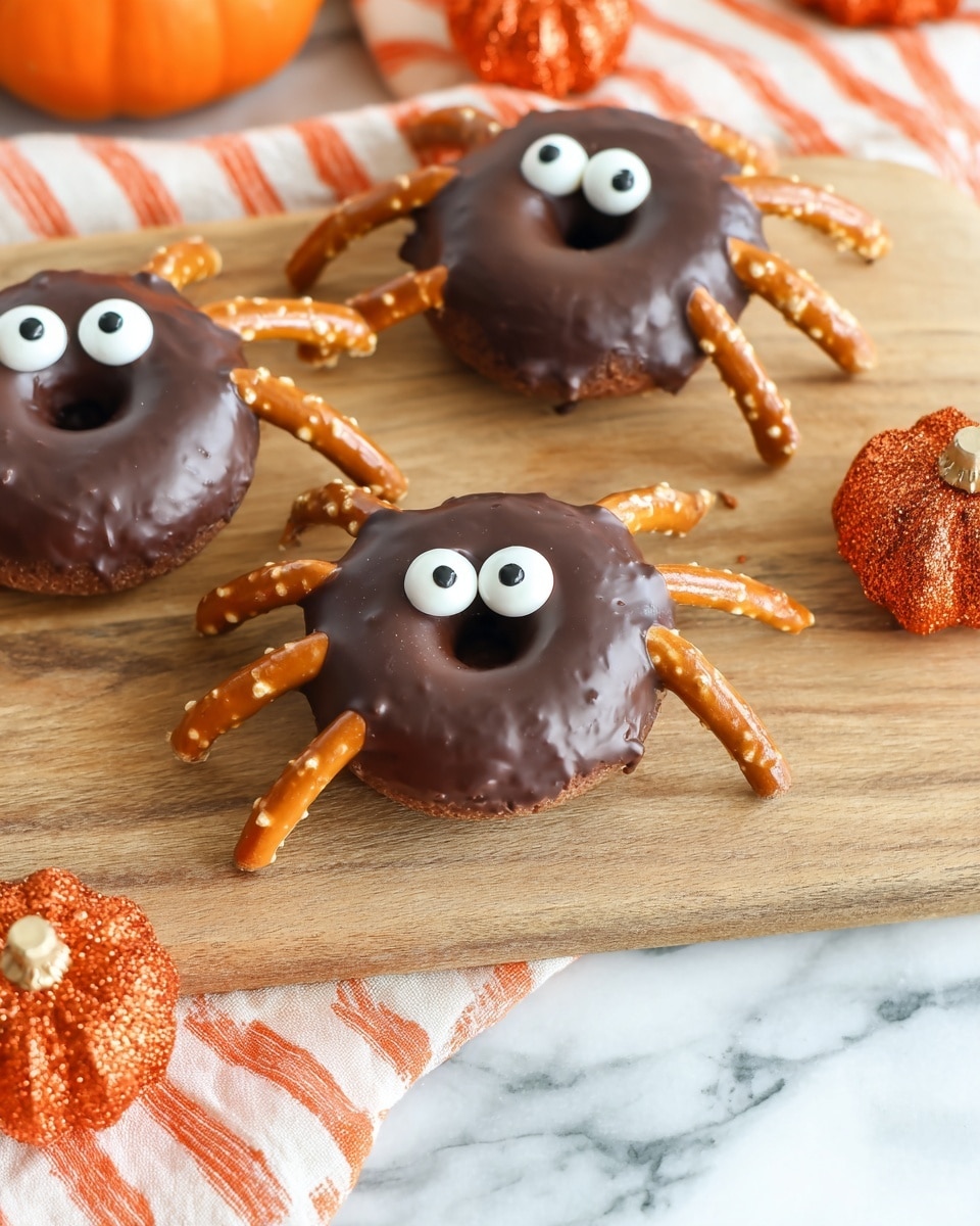 The image shows three chocolate-covered doughnuts designed to look like spiders, placed on a wooden board. Each doughnut has a dark brown, slightly shiny chocolate coating forming the outer layer, with six thin pretzel sticks stuck in pairs on each side, creating the spider legs with their light brown, crunchy texture. Two large candy eyes sit on top of each doughnut near the center hole, with white backgrounds and black pupils, giving the spiders a playful expression. The wooden board rests on a white marbled surface with an orange and white striped cloth partially visible underneath, accompanied by small, glittery orange pumpkin decorations near the doughnuts. Photo taken with an iphone --ar 4:5 --v 7