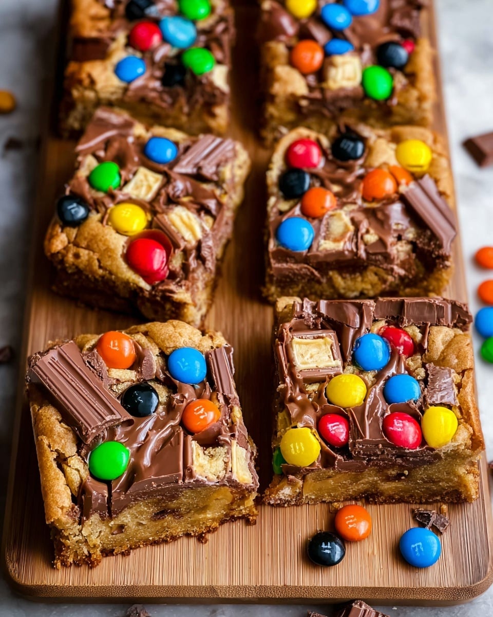Four square thick cookie bars are placed on a wooden board with a white marbled texture background. Each cookie bar is a light golden brown with a slightly rough and crumbly texture on the edges. The top layer is covered with melted milk chocolate pieces that are mixed with chopped caramel-filled chocolate candy bars showing caramel and nougat inside. Scattered all over the top are colorful candy-coated chocolate pieces in red, green, yellow, orange, blue, and black, giving a vibrant, playful look. The bars have a rich, dense, and chunky appearance. photo taken with an iphone --ar 4:5 --v 7