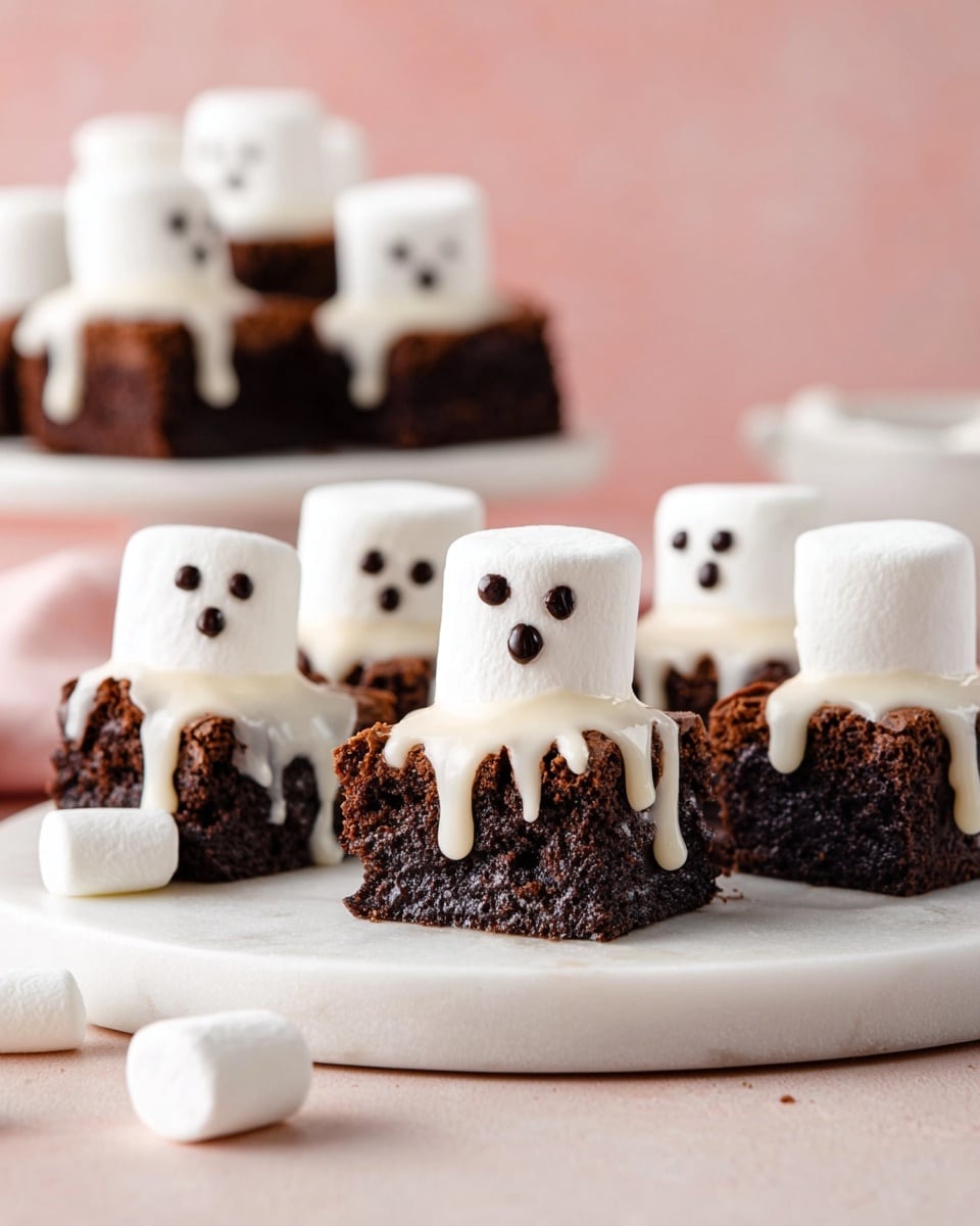 Five small square pieces of dark chocolate brownie are placed on a white marble round plate. Each brownie has a layer of melted white chocolate dripping down the sides, topped with a large white marshmallow decorated with small black eyes and a mouth to look like a ghost. The texture of the brownies is dense and moist, while the marshmallows are smooth and soft. Around the plate, there are a few loose white marshmallows, and in the background, more brownies are stacked on a white dish, all set against a soft pink backdrop. Photo taken with an iphone --ar 4:5 --v 7