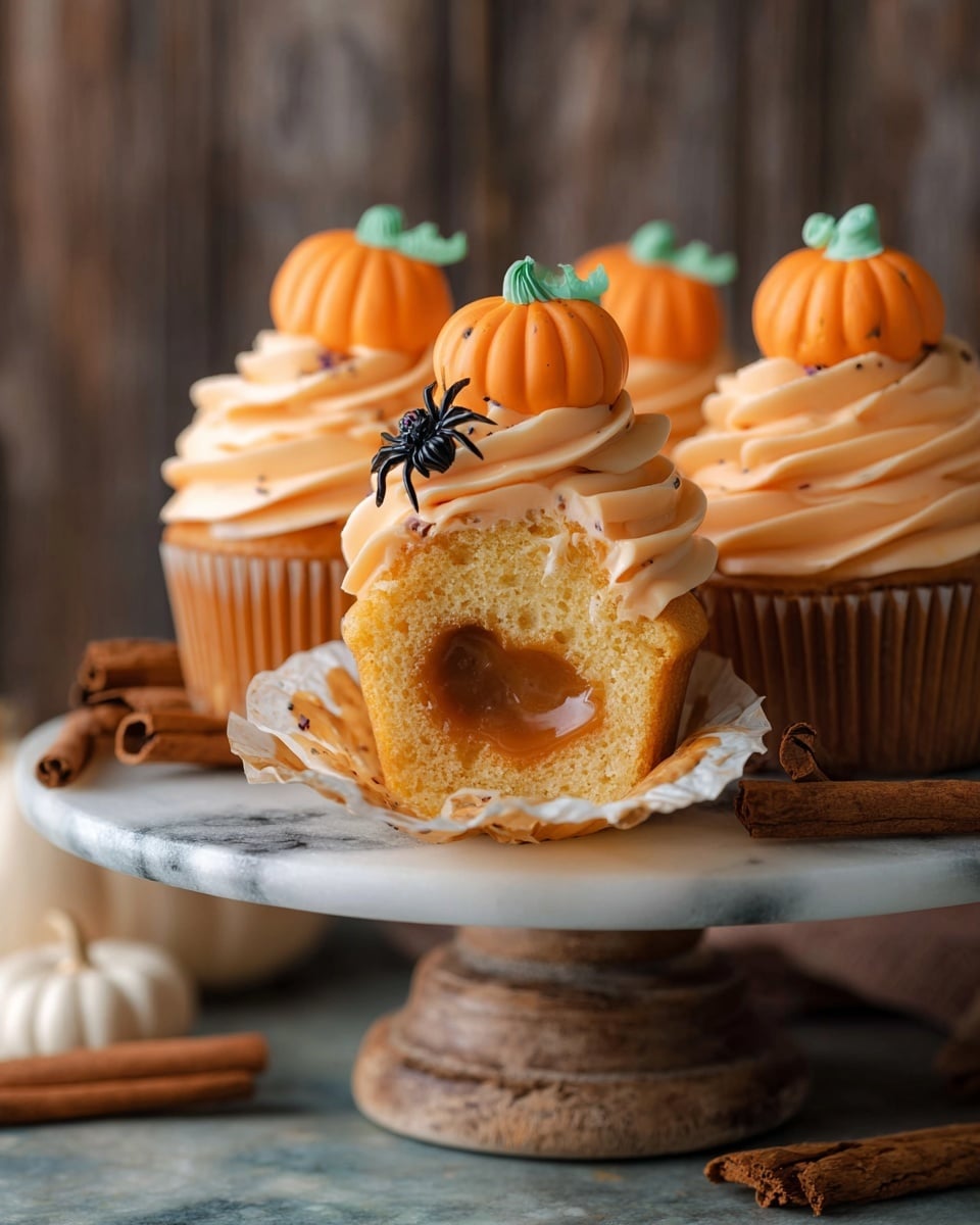 Three cupcakes sit on a white marbled surface, each with a swirl of orange frosting shaped like a pumpkin on top. The cupcakes are in white paper liners and have small green frosting leaves and a brown cinnamon stick in the center, looking like pumpkin stems. Around them are a few scattered crumbs and small artificial autumn leaves in red and yellow tones. The overall look is bright and festive, showing the detailed, smooth texture of the frosting on a cozy fall-themed scene. photo taken with an iphone --ar 4:5 --v 7
