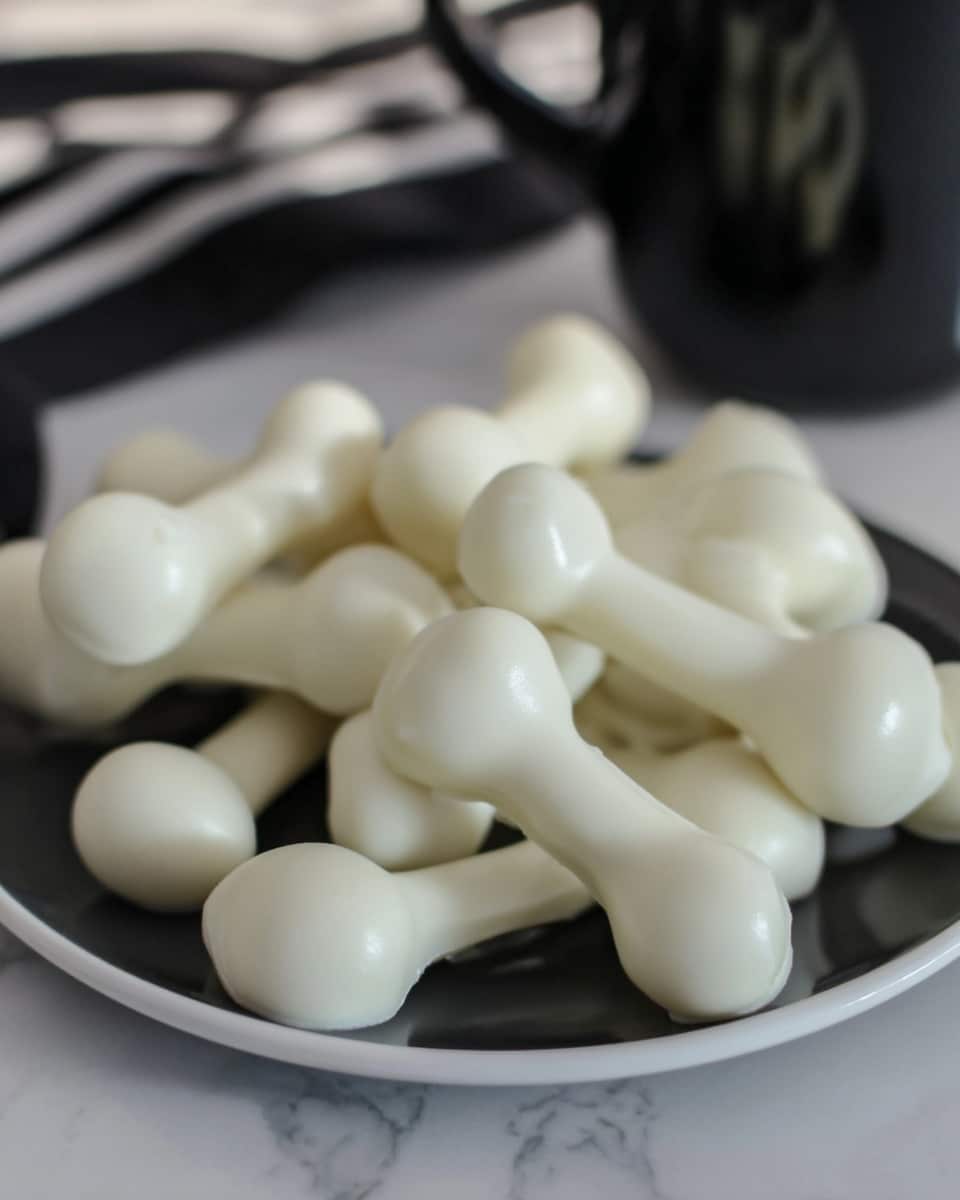 The image shows several sticks made of thin pretzels placed on a white marbled surface. Each pretzel stick has two white, round dollops of melted white chocolate at both ends, resembling small bones. The white chocolate is smooth and shiny, with some pieces showing slight drips or uneven shapes. In the upper left corner, there is a white tray filled with more melted white chocolate, and a woman's hand is seen holding a spoon covered in the white chocolate, ready to apply it. Photo taken with an iphone --ar 4:5 --v 7