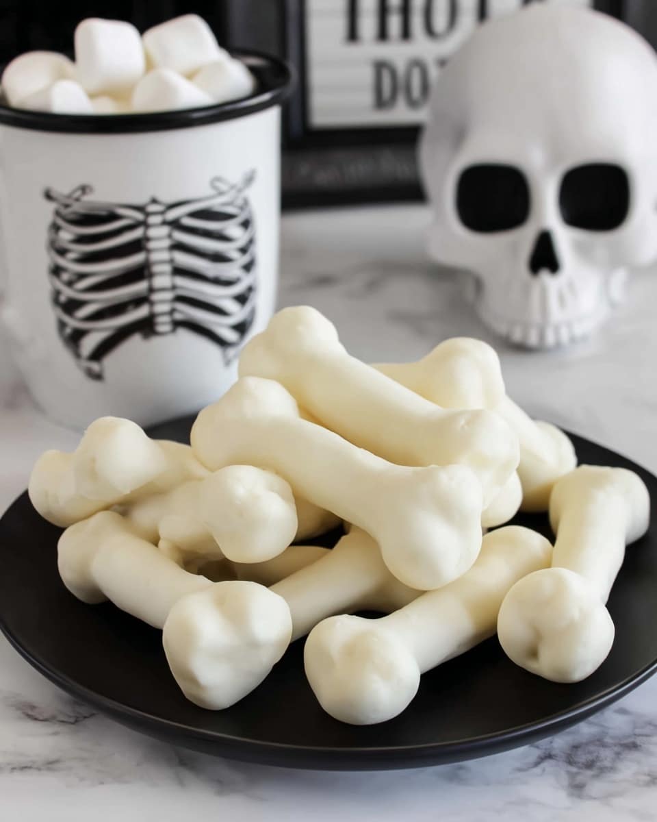 The image shows a close-up of many small white candy bones piled together on a shiny white plate. Each candy bone has two rounded ends connected by a slightly thinner middle part, making them look smooth and glossy. The background is a white marbled texture with a blurred black cup and a cloth in soft focus. The lighting highlights the candy's shiny surface, showing off their smooth and creamy texture. photo taken with an iphone --ar 4:5 --v 7