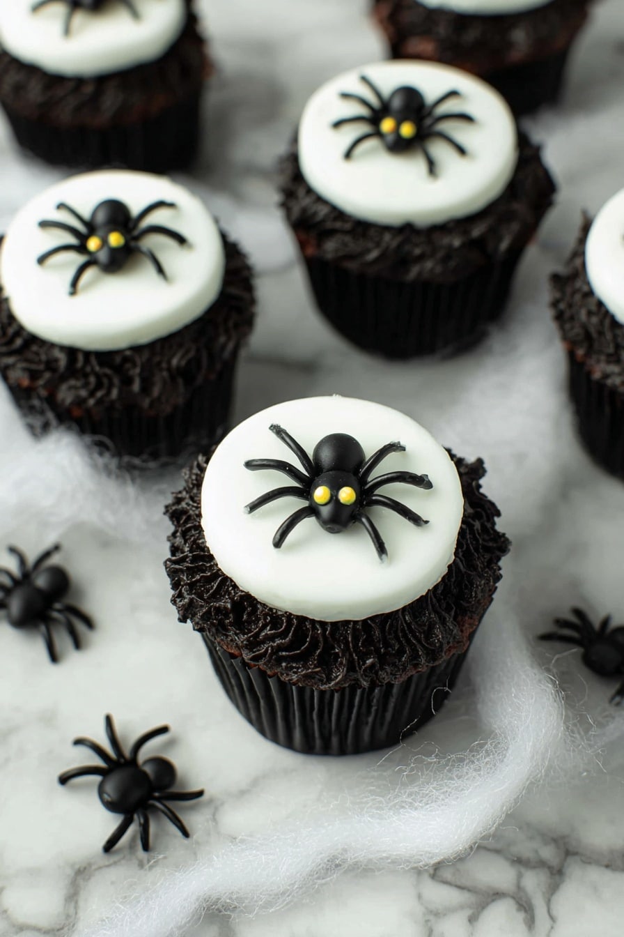 Creepy Halloween Spider Cupcakes, Halloween spider cupcakes, spooky Halloween cupcakes, Halloween dessert ideas, Halloween party treats - The image shows several dark chocolate cupcakes with rough, swirled black frosting on top, each topped with a smooth, white round fondant disk. On each white disk sits a small, black spider decoration with eight legs and two small yellow eyes. The cupcakes sit on a white marbled surface covered partly with thin white threads that look like fake spider webs. Some small black plastic spiders lay on the surface around the cupcakes. photo taken with an iphone --ar 2:3 --v 7