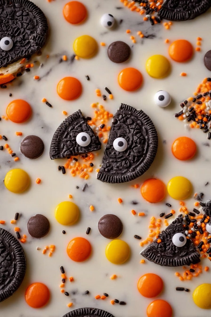 Spooky Halloween Oreo Bark, Halloween Oreo Bark, no-bake Halloween treats, easy Halloween desserts, spooky chocolate bark - This image shows a close-up of a sweet treat with a white chocolate base. On the top layer, there are broken pieces of black sandwich cookies with bright orange cream inside, scattered evenly. Small round candies in orange, yellow, and brown colors are spread around the cookies. Also, there are small white candy eyes with black dots, placed randomly. Tiny round orange and black sprinkles fill the small spaces between the bigger items, adding more color and texture. The whole scene is on a white marbled surface. photo taken with an iphone --ar 2:3 --v 7