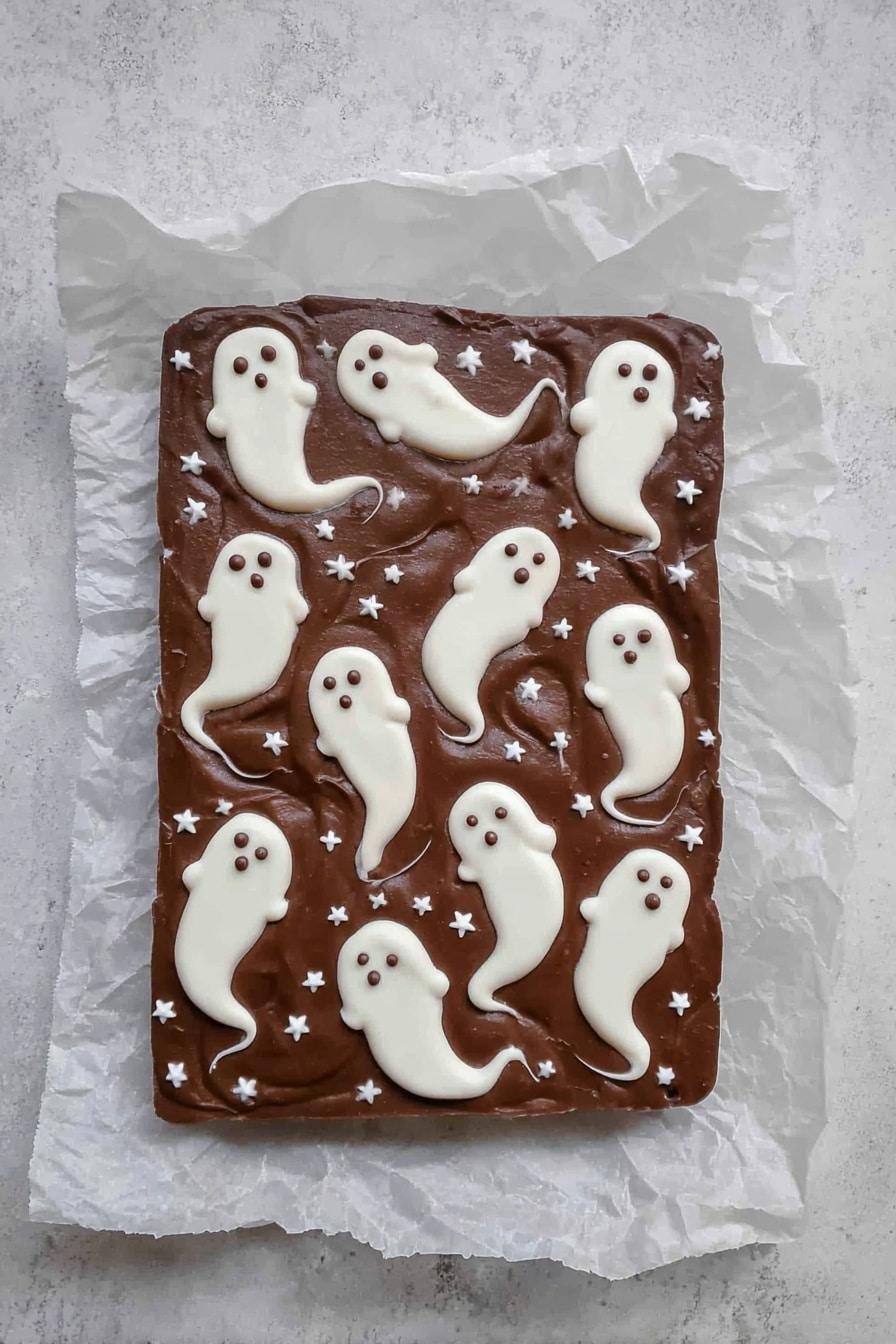 Halloween 3-Ingredient Ghost Bark, easy Halloween treats, Quick Halloween dessert, festive ghost bark, simple Halloween candy - A rectangular chocolate fudge layer placed on crinkled white parchment paper on a white marbled surface, decorated with multiple small white ghost shapes spread across the top. The ghosts are made from a white creamy layer, each with rounded heads and flowing tails with small dark eyes and mouths, giving a spooky look. Small white star-shaped sprinkles are scattered evenly across the chocolate background, adding texture and contrast. The overall look is smooth with a few swirled edges on the ghost shapes, making a playful Halloween-themed treat. photo taken with an iphone --ar 2:3 --v 7