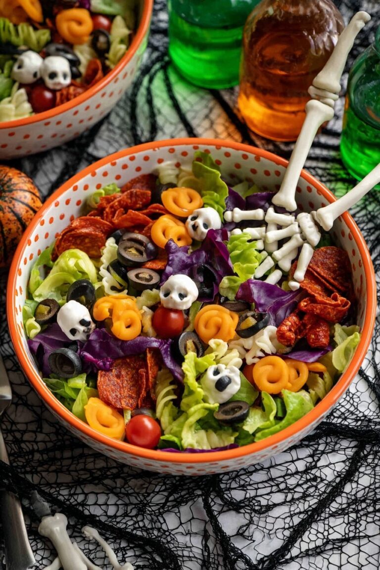 Spooky Halloween Salad with Colorful Tortellini, Cheese Skulls, and Red Wine Vinaigrette Recipe
