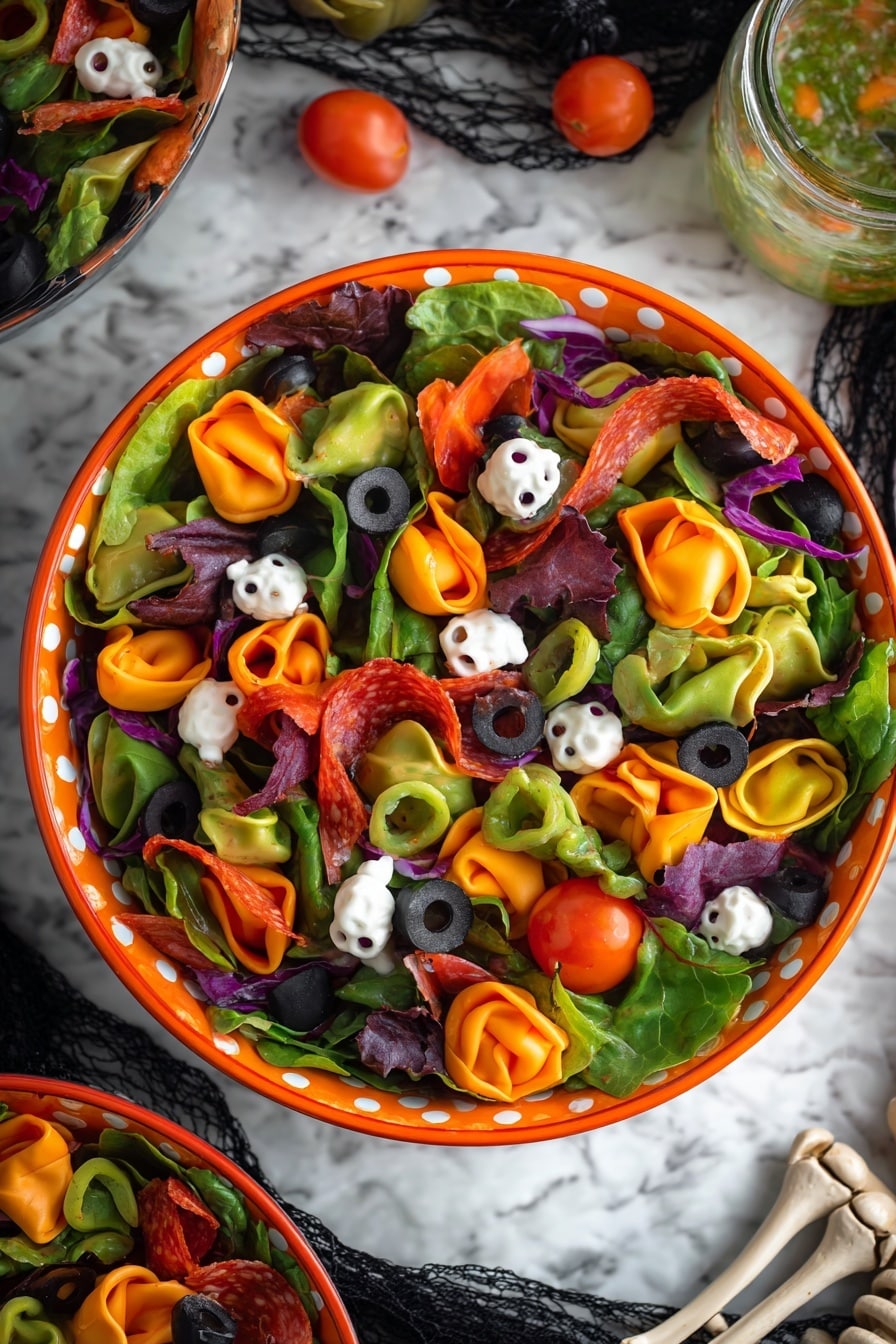 Spooky Halloween Salad with Colorful Tortellini, Halloween Salad with Colorful Tortellini, festive Halloween side dish, cheese skull appetizer, red wine vinaigrette salad - A colorful salad in a white bowl with an orange rim and white dots around it, placed on a white marbled surface covered with a black spider web pattern. The salad has three layers: the bottom layer is a mix of green and purple lettuce leaves, the middle layer contains green, orange, and purple small stuffed pasta, and the top layer includes small yellow and red cherry tomatoes, sliced black olives, red pepper rings, sun-dried tomato pieces, and small white skull-shaped toppings. Two white skeleton arms rest on the salad, crossing each other diagonally over the bowl. Nearby, there are glass bottles with green and amber liquids, adding a spooky atmosphere. Photo taken with an iphone --ar 2:3 --v 7