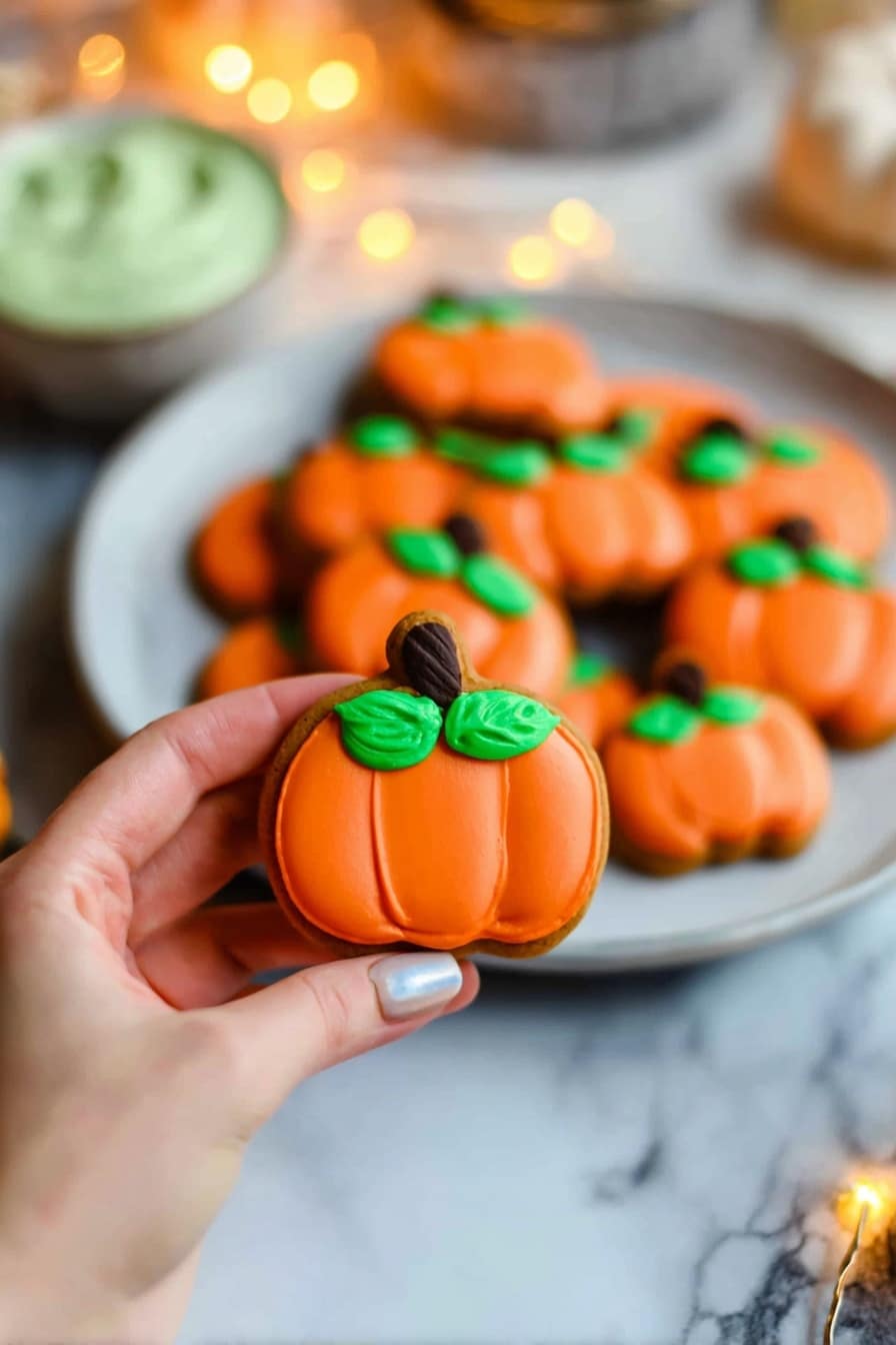 Halloween Pumpkin Cookies, festive pumpkin cookies, easy Halloween desserts, no-bake Halloween treats, pumpkin-themed party desserts - A woman's hand holds a small pumpkin-shaped cookie with orange frosting covering the whole cookie, two bright green oval leaves on top, and a small brown stem shaped frosting at the center. Below the hand, there is a white round plate filled with similar pumpkin cookies, each decorated the same way with orange frosting, green leaves, and brown stems. The cookies are arranged on a white marbled surface with a blurred white bowl of green frosting visible in the background. There are warm yellow lights softly glowing around the scene, adding a cozy feel. Photo taken with an iphone --ar 2:3 --v 7