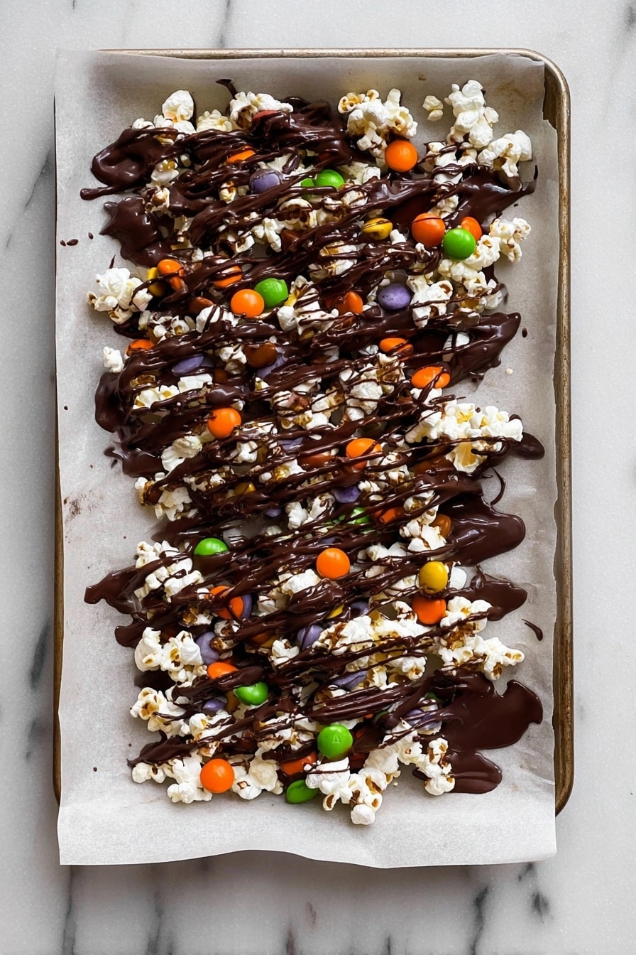 Halloween Popcorn with Chocolate, Candy Corn, M&Ms, and Marshmallows, Halloween Party Snacks, Festive Halloween Treats, Easy No-Bake Halloween Snacks, Colorful Halloween Popcorn - The image shows a baking tray lined with white parchment paper on a white marbled surface, holding a mix of popcorn and colorful candy pieces scattered unevenly. The top layer is thickly covered with melted dark chocolate, with additional thin dark chocolate drizzles spread randomly over everything. The popcorn is white and fluffy, and the candies are round in bright orange, green, and purple colors, partially covered by the chocolate. The overall presentation looks messy but delicious, with shiny melted chocolate contrasts and vibrant candy colors. Photo taken with an iphone --ar 2:3 --v 7