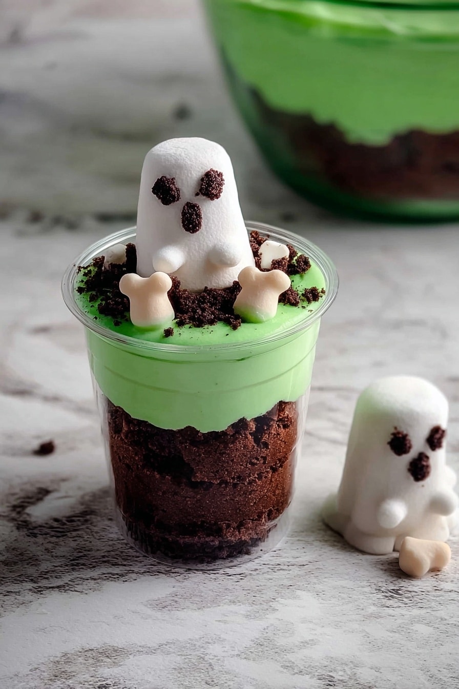 Boo Halloween Dessert Cups, Halloween dessert ideas, spooky Halloween treats, easy Halloween party desserts, layered Halloween dessert - A clear cup shows three layers: the bottom two layers are dark brown cake pieces, and the top layer is a smooth, bright green frosting. On top of the green frosting sits a small white ghost-shaped marshmallow with black eyes and mouth, surrounded by small dark brown crumbs and tiny beige bone-shaped candies. Another white ghost marshmallow lies on the white marbled surface next to the cup, with a green mixing bowl partially visible behind. Photo taken with an iphone --ar 2:3 --v 7