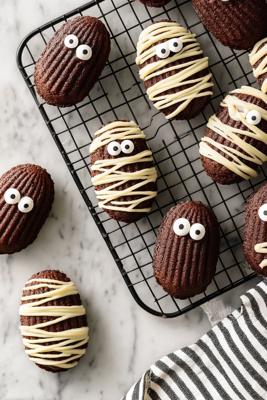 Chocolate Madeleine Mummies, Halloween madeleine cookies, spooky Halloween desserts, chocolate treat ideas, festive fall baking - The image shows several small, dark brown oval cakes placed on a white marbled surface. Most of the cakes are decorated like mummies with a crisscross pattern of light cream-colored icing draped over them in thin, ribbon-like lines. Each decorated cake has two small, round white candy eyes with black dots in the center, placed near the top. One plain cake without decoration is visible, showing a ridged texture on top. There is a cooling rack partially in the top left corner with a few cakes on it, and a small sprinkle of cocoa powder is scattered near the cakes. Photo taken with an iphone --ar 2:3 --v 7