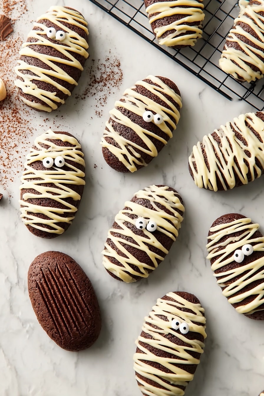 Chocolate Madeleine Mummies, Halloween madeleine cookies, spooky Halloween desserts, chocolate treat ideas, festive fall baking - The image shows several small, dark brown madeleine cakes shaped like shells arranged on a black wire cooling rack and a white marbled surface. Some of the madeleines are decorated to look like mummies, with white icing drizzled in crisscross lines over the top layer, creating a bandage effect. Each mummy madeleine also has two small, round white candy eyes placed near the top center. The plain madeleines are smooth with ridges on the surface and are a rich chocolate color. A striped black and white cloth is partially visible in the bottom right corner. photo taken with an iphone --ar 2:3 --v 7