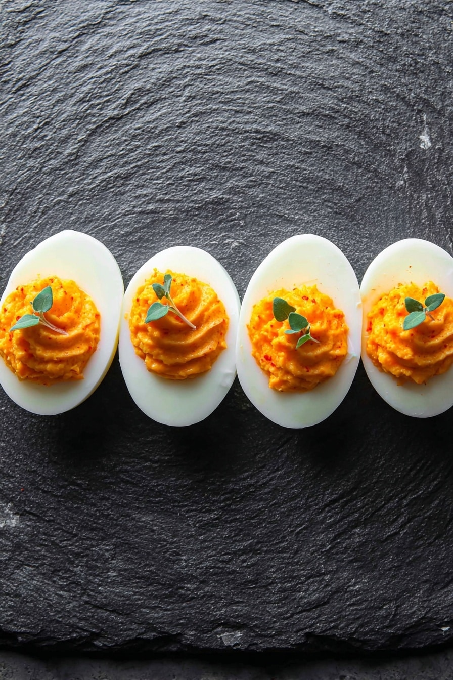 Halloween Deviled Eggs Spectacular, Halloween deviled eggs, festive Halloween appetizers, creative deviled egg ideas, spooky party snacks - Four halves of hard-boiled eggs are lined up on a dark gray slate surface with a rough texture. Each egg half has a smooth white outer layer and is filled with a bright orange creamy mixture, topped with a small green herb leaf for decoration. The orange filling has a slightly textured surface with small ridges. The scene is well lit, showing clear contrasts between the white eggs, bright orange filling, and dark background. photo taken with an iphone --ar 2:3 --v 7