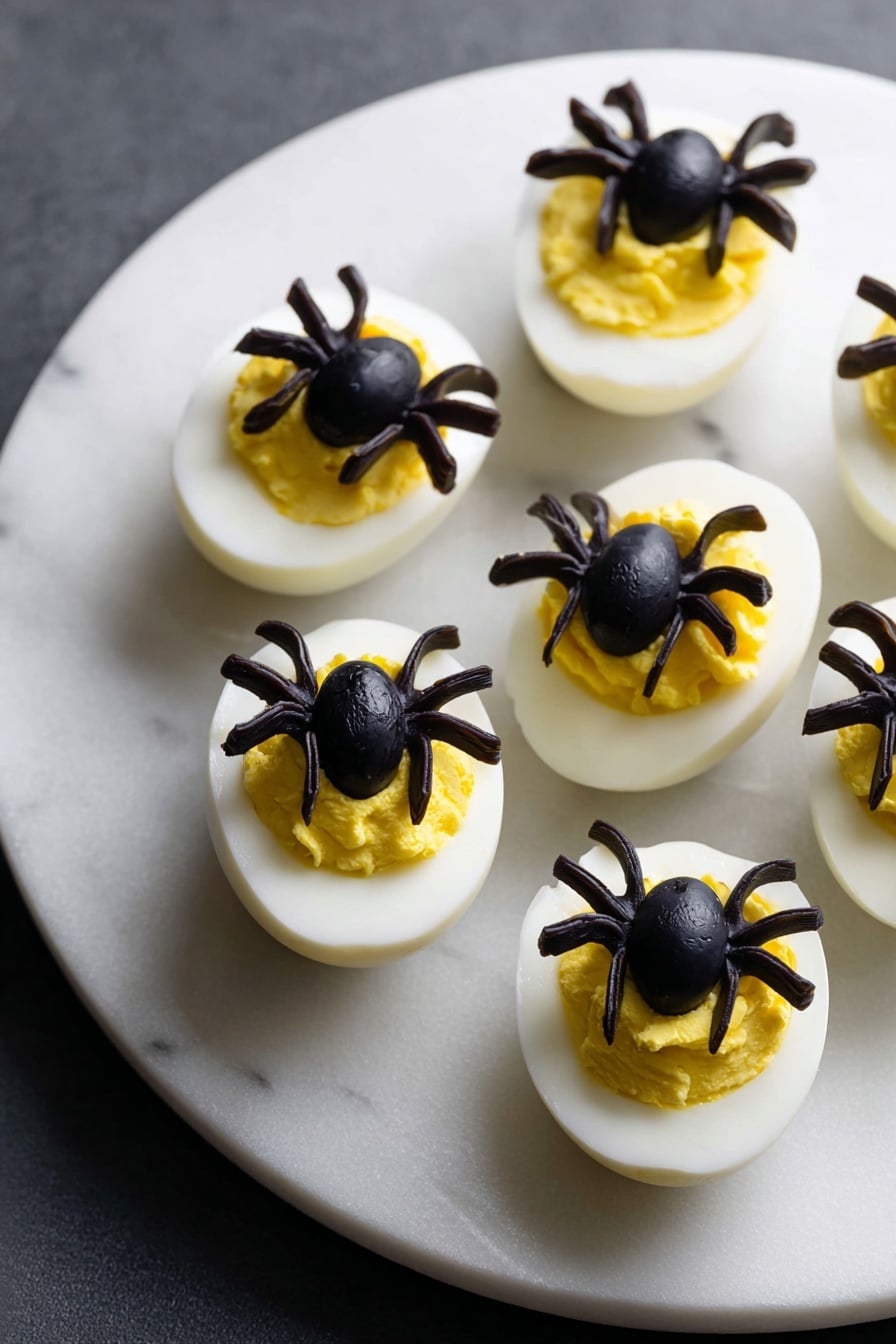 Halloween Deviled Eggs Spectacular, Halloween deviled eggs, festive Halloween appetizers, creative deviled egg ideas, spooky party snacks - Five halved boiled eggs are arranged on a round white plate placed on a white marbled surface. Each egg has a smooth white outer layer and is filled with yellow mashed yolk. On top of each yolk filling, there is a small black olive cut in half to form a spider body, with thin olive slices arranged around it as spider legs, creating a spider decoration on each egg. Photo taken with an iphone --ar 2:3 --v 7