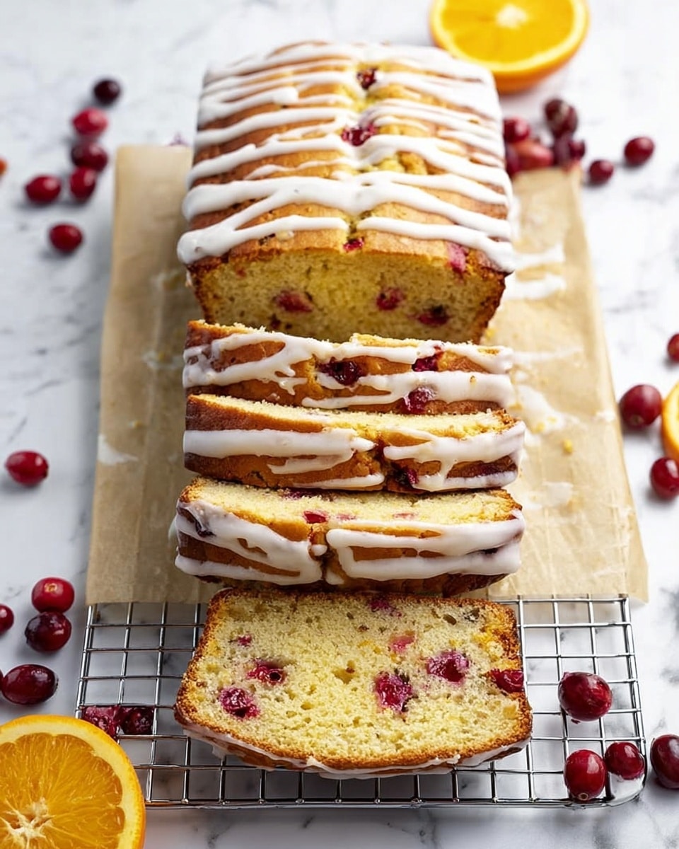 A white loaf cake with visible red cranberries inside is placed on a silver wire rack over parchment paper on a white marbled surface. The cake has six slices, with the first slice still attached to the main loaf. The top of the loaf is covered with thick white icing that drips down the sides unevenly. On the top left corner, there is an orange and orange slice. Several loose cranberries are scattered around the rack. The scene is brightly lit, showing the moist texture and golden-brown color of the cake crust photo taken with an iphone --ar 4:5 --v 7