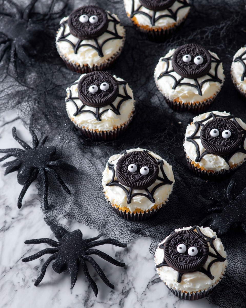 Seven cupcakes are arranged on a white marbled surface with a black mesh cloth underneath some of them. Each cupcake has a smooth white frosting base layer topped with a round chocolate cookie positioned near the center. Black icing is piped on each cupcake to form a spider web pattern extending from the cookie towards the edges. On the cookies, two white candy eyes are placed to resemble a spider's face. Around the cupcakes are several black plastic spider decorations in various sizes, some resting on the cloth and others on the white marbled surface, enhancing the Halloween theme. photo taken with an iphone --ar 4:5 --v 7