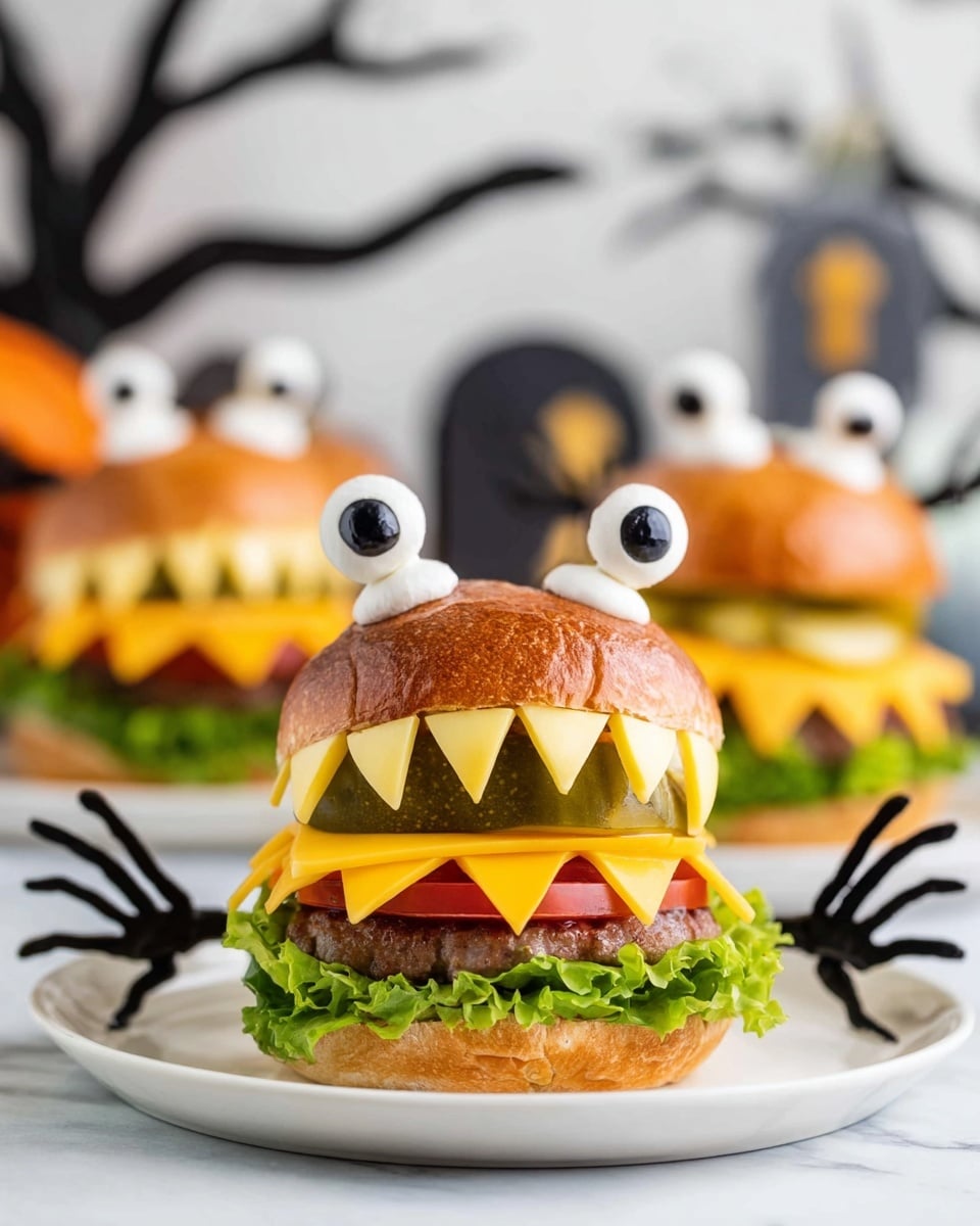 Monster Face Burgers with Mini Mozzarella and Olive Eyes Recipe - Recipe Image