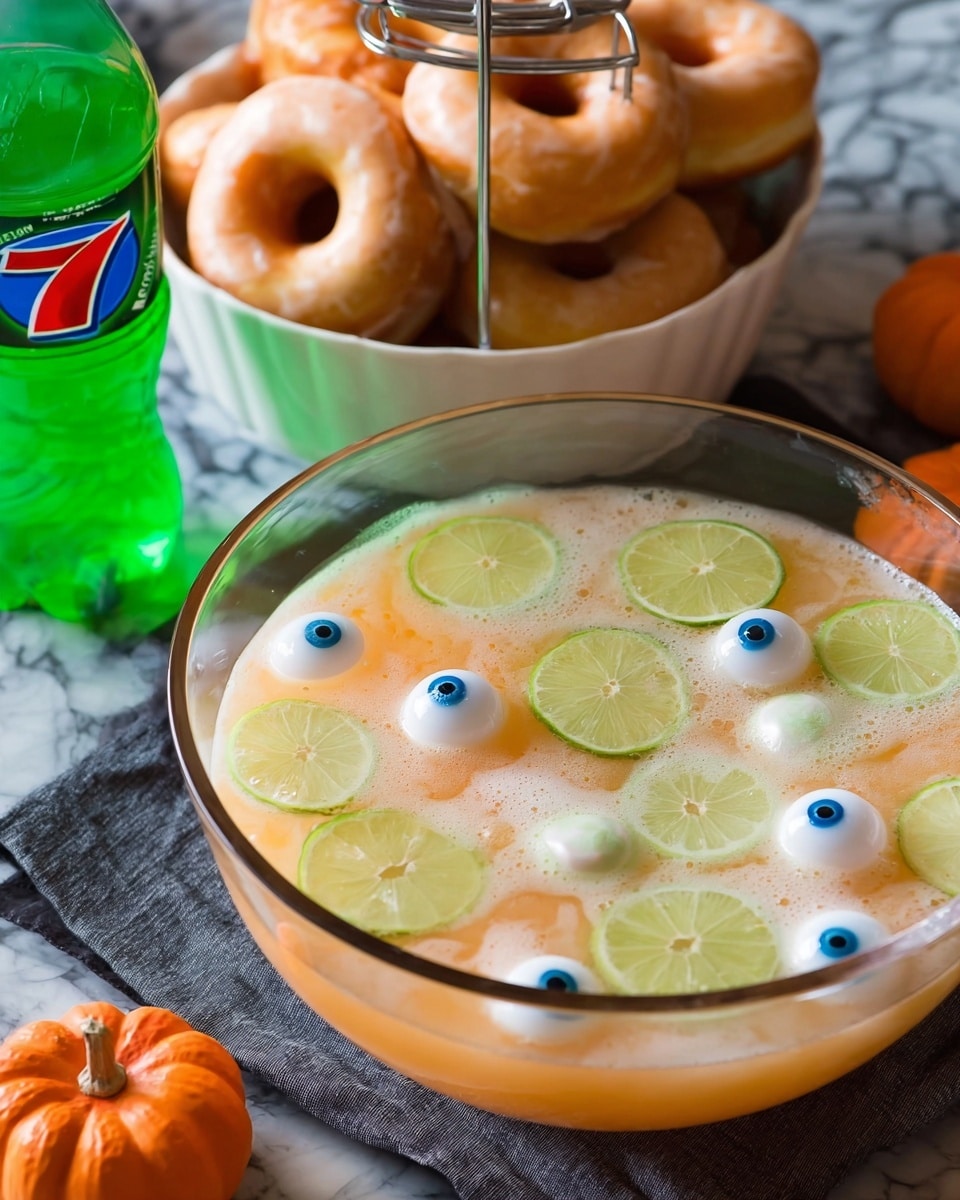 A close-up view of a large clear glass bowl filled with an orange foamy drink or punch. Floating on top are several bright green lime slices and multiple white plastic eyeballs with blue irises and red veins, giving a spooky look. The texture of the liquid is frothy and bubbly, with the lime slices partially submerged at different points. The bowl is placed on a white marbled surface. Photo taken with an iphone --ar 4:5 --v 7
