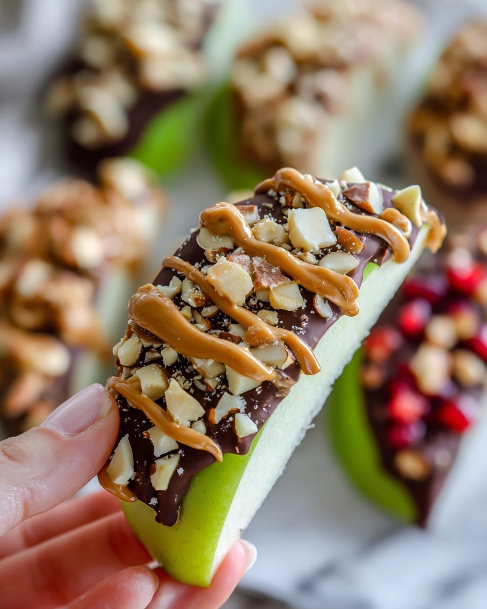 Several green apple slices are arranged on a white marbled surface, each dipped halfway in shiny dark brown chocolate. On top of the chocolate layer, there are many different toppings: white shredded coconut, light brown caramel drizzles, small white chocolate chips, colorful round sprinkles, crushed nuts, small red dried fruit pieces, and crushed pistachios. Each apple slice shows a fresh green peel on one side and white inner fruit on the other. The textures vary from smooth chocolate, rough nut pieces, to soft fruit bits, all clearly visible. The apple slices are placed in neat rows, filling the image evenly. Photo taken with an iphone --ar 4:5 --v 7